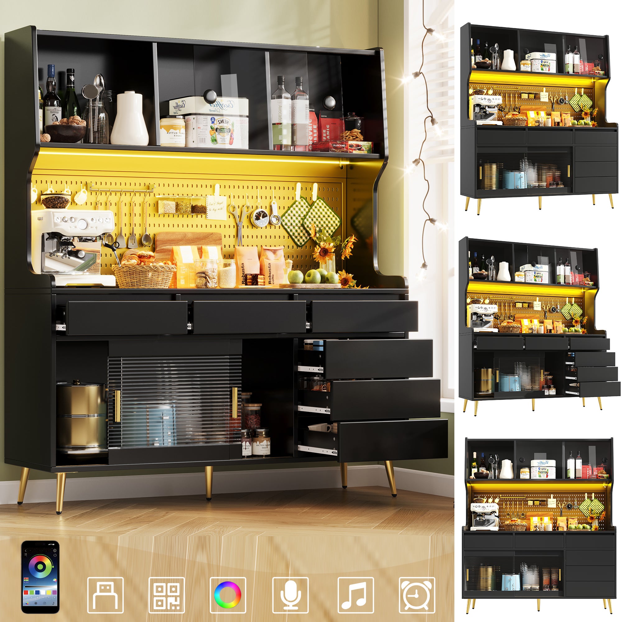Kredens kuchenny z 4 drzwiami przesuwnymi, 6 szufladami i ścianką perforowaną - 145 x 39 x 171 cm - MDF - Diody LED - Do kuchni lub salonu - Czarny