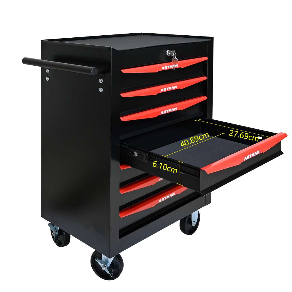 Caja de Herramientas Móvil de Metal 7 Cajones con Ruedas, Organizador de Acero Negro y Rojo con Cerradura y Guías de Bolas - 6