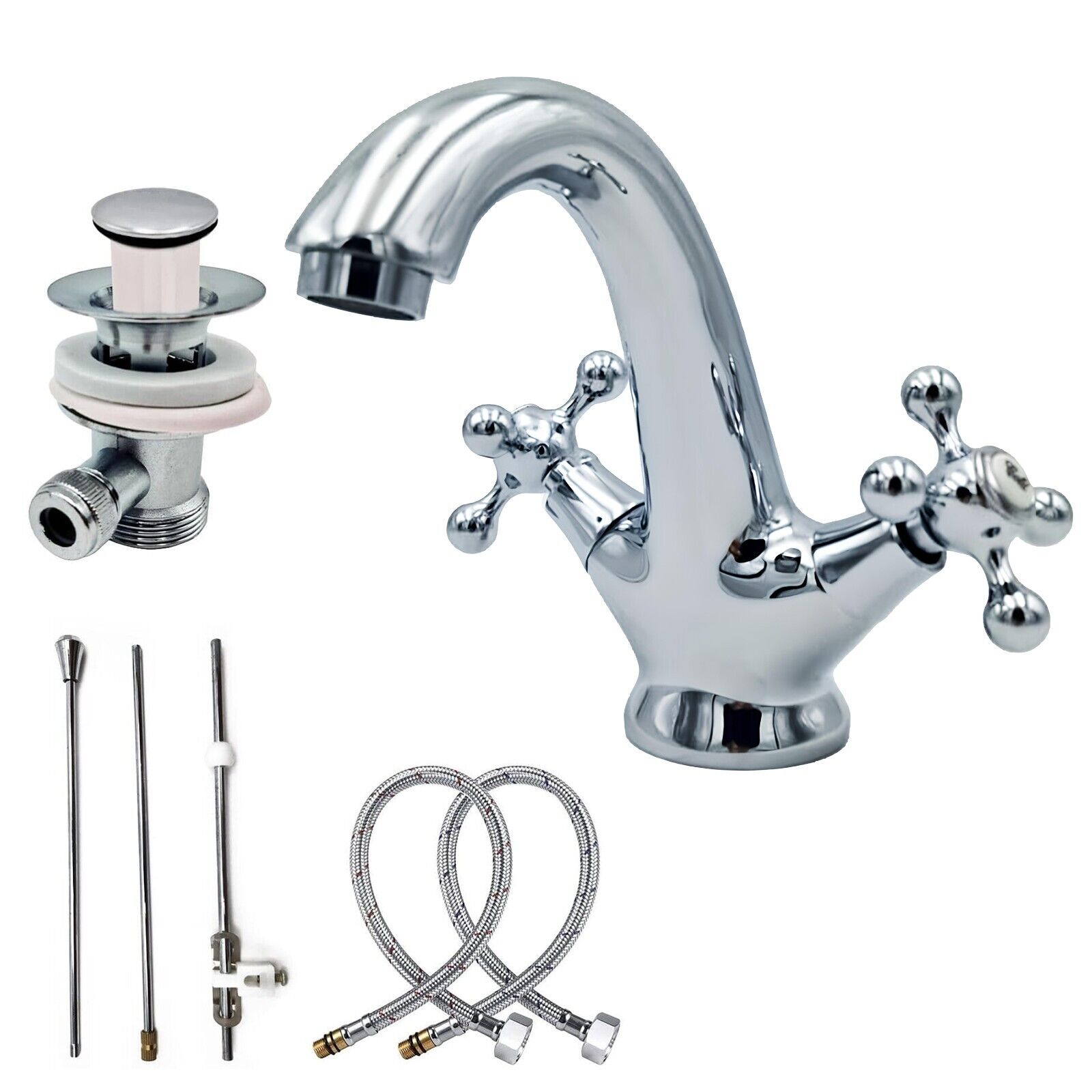 Rubinetto Miscelatore cucina bagno lavabo vasca due manopole in acciaio cromato comprensivo di piletta kit installazione 16.5 CM Maka - 6