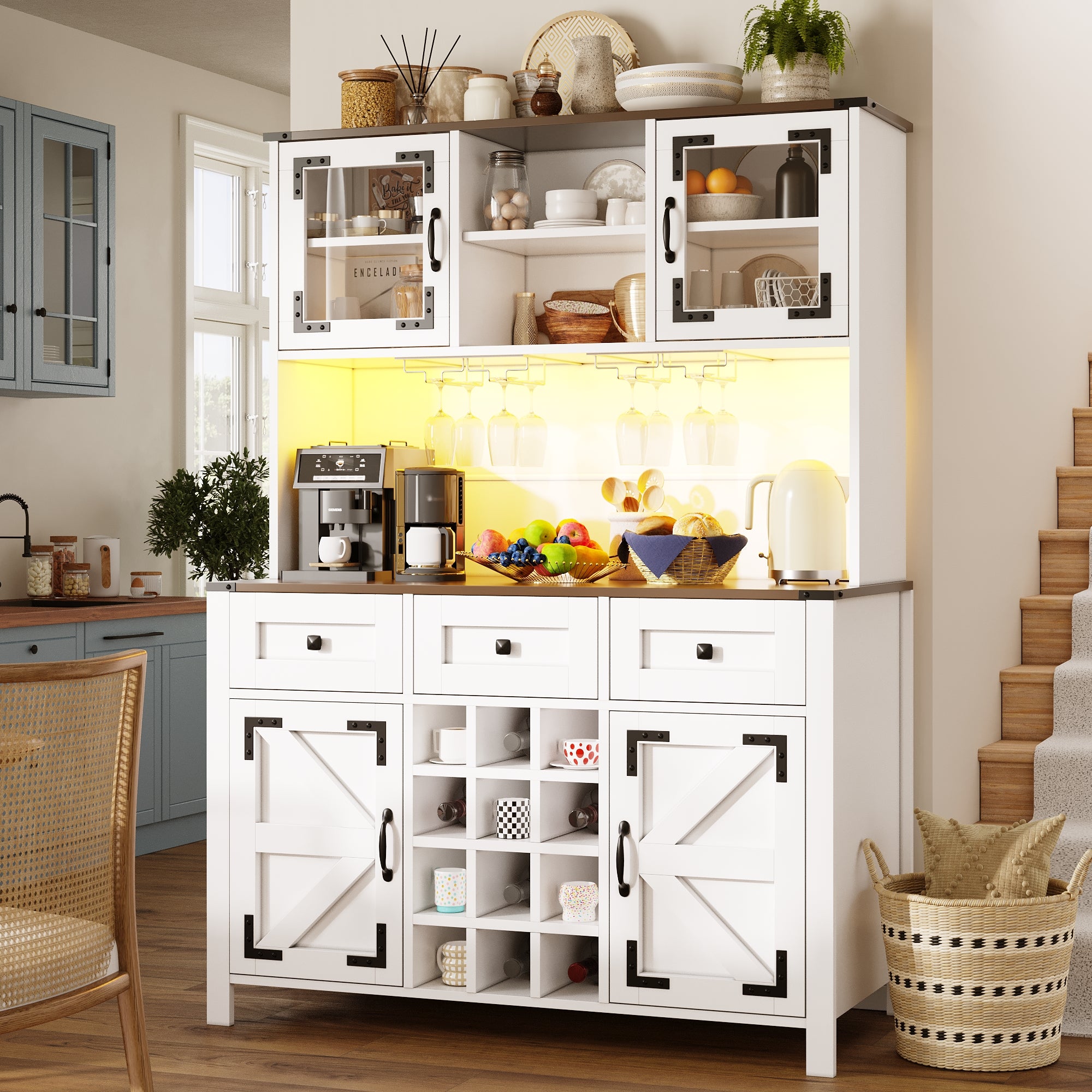 Aparador de cocina 120x40x170 cm, tomas y usb integrados, iluminación led, mdf y vidrio blanco