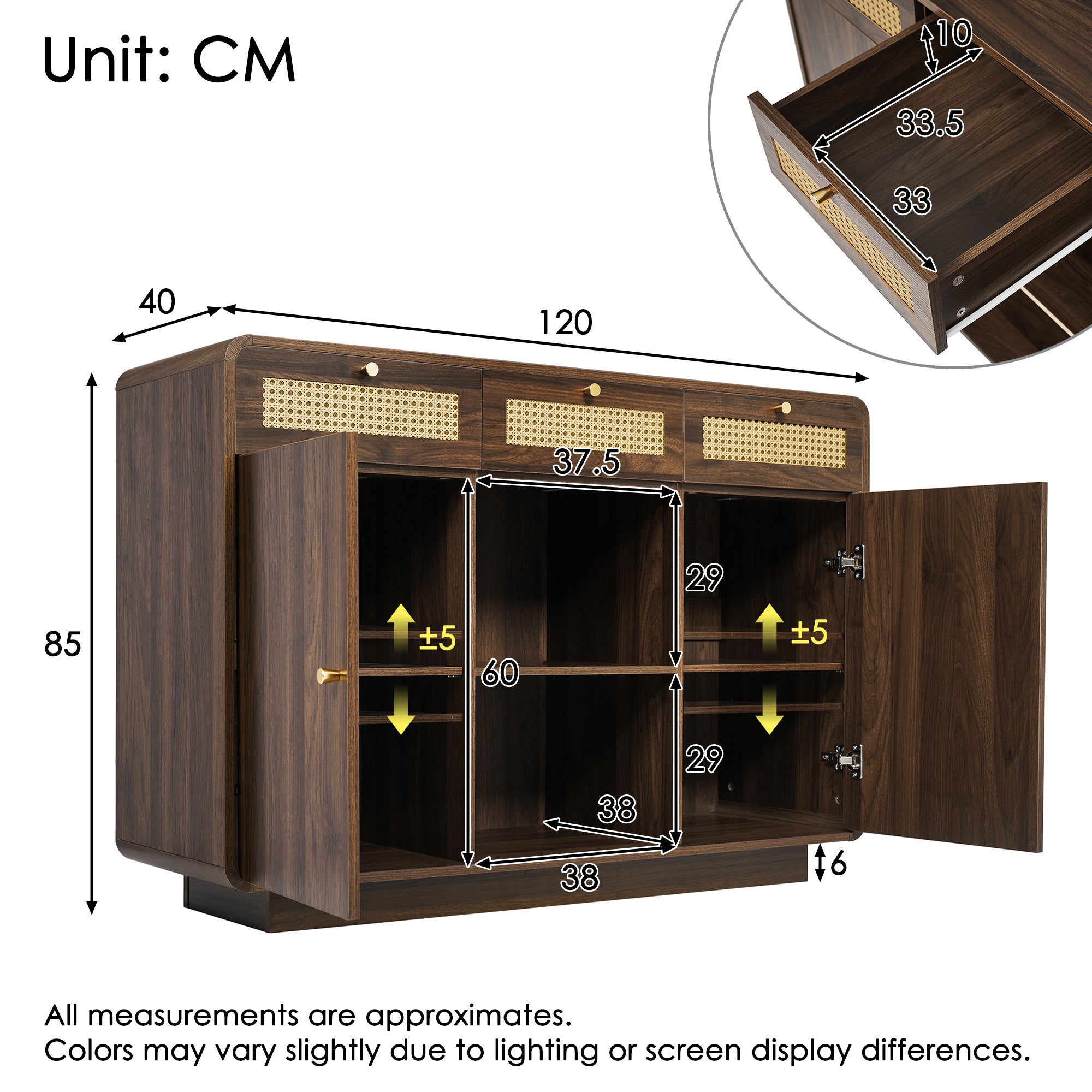 Soweiz Credenza In Noce Con 3 Ante In Rattan, Comò Con Gambe In Metallo, 129,8x40x76 Cm, Per Soggiorno, Camera Da Letto, Ufficio