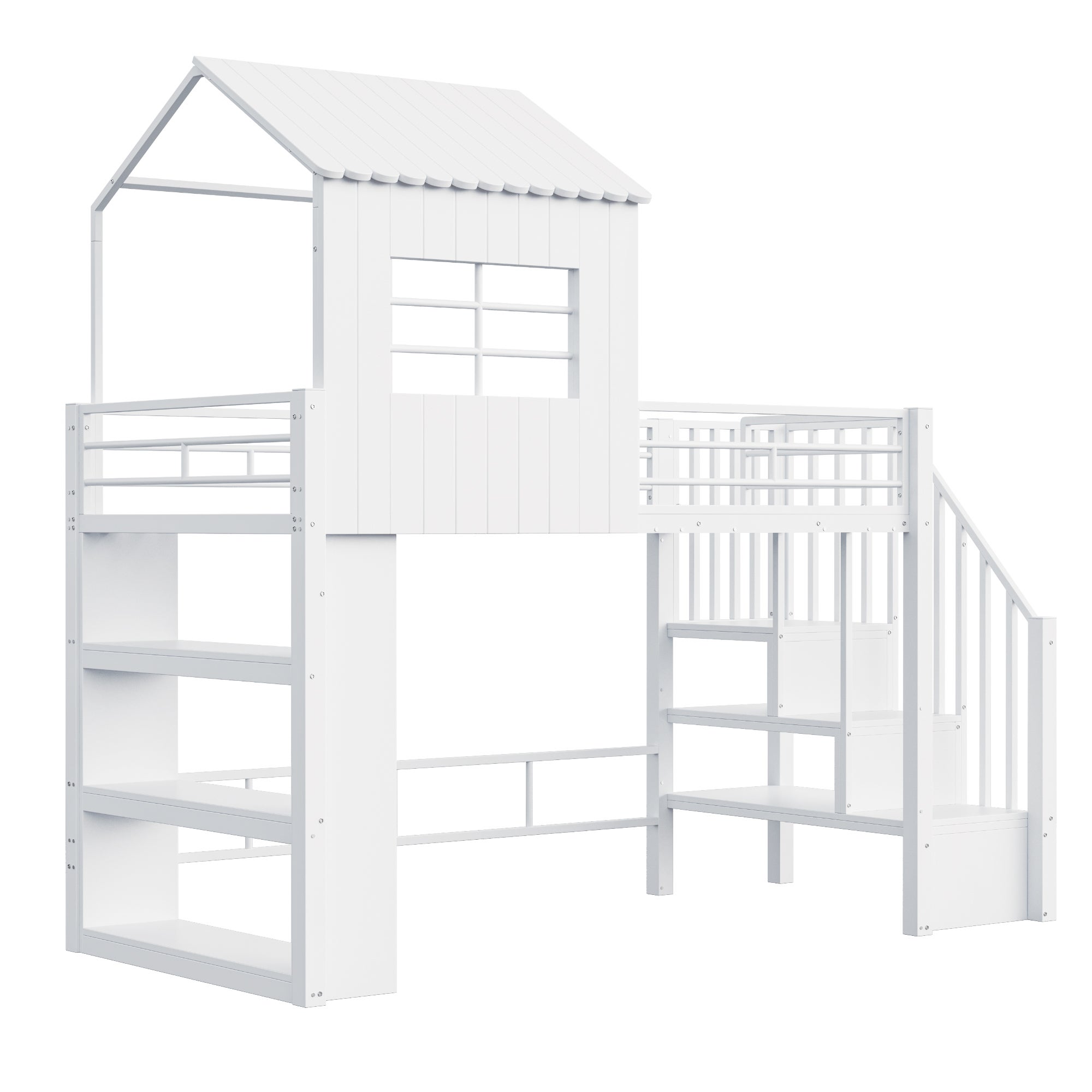 Lit mezzanine 90x200,conception de maison,Lit enfant avec espace de stockage et grille haute protection,Escaliers installables à gauche/droite,Blanc - 9