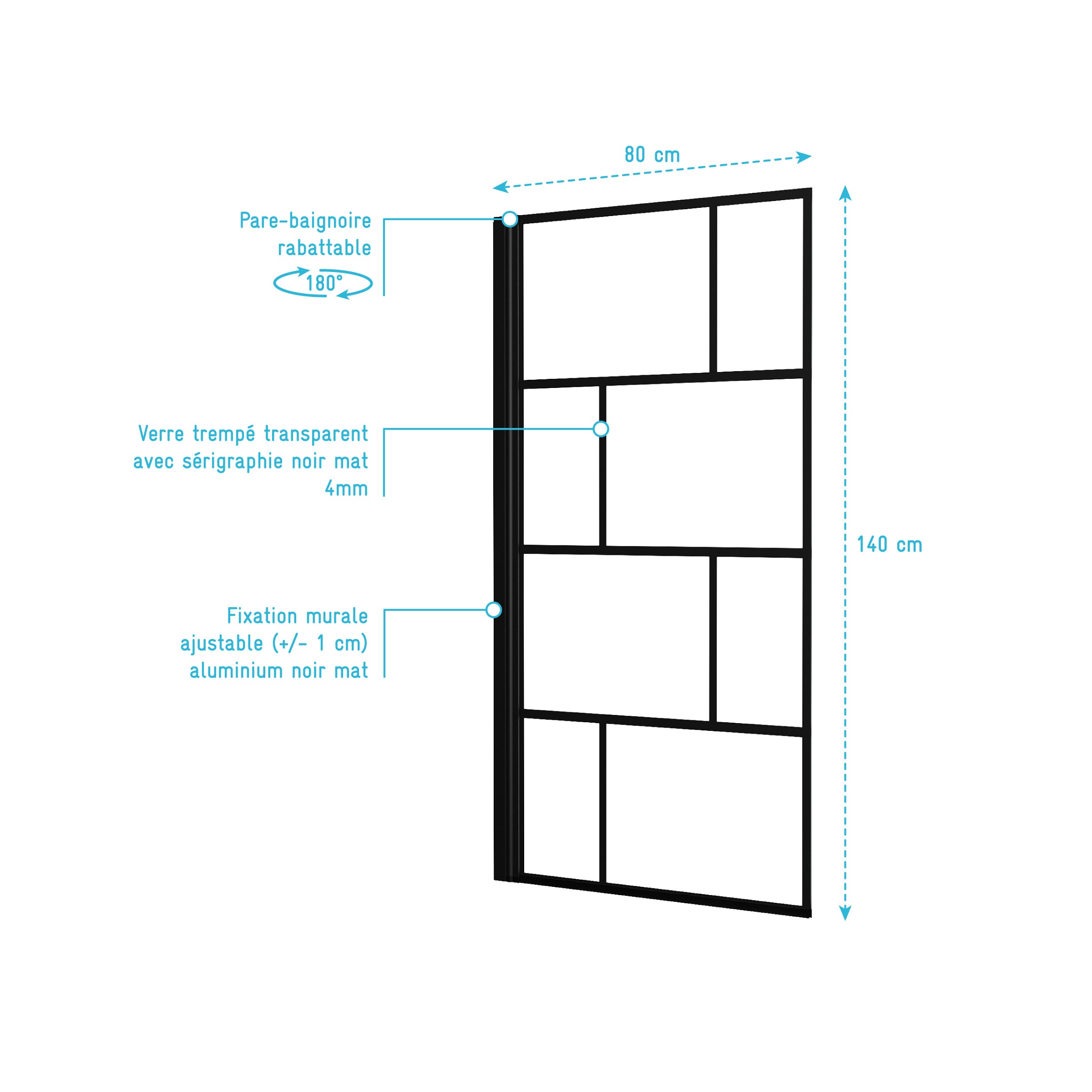 Pare baignoire rabattable sérigraphié 80x140 cm - Finition Noir Mat - BLOCKS SCREEN - 4