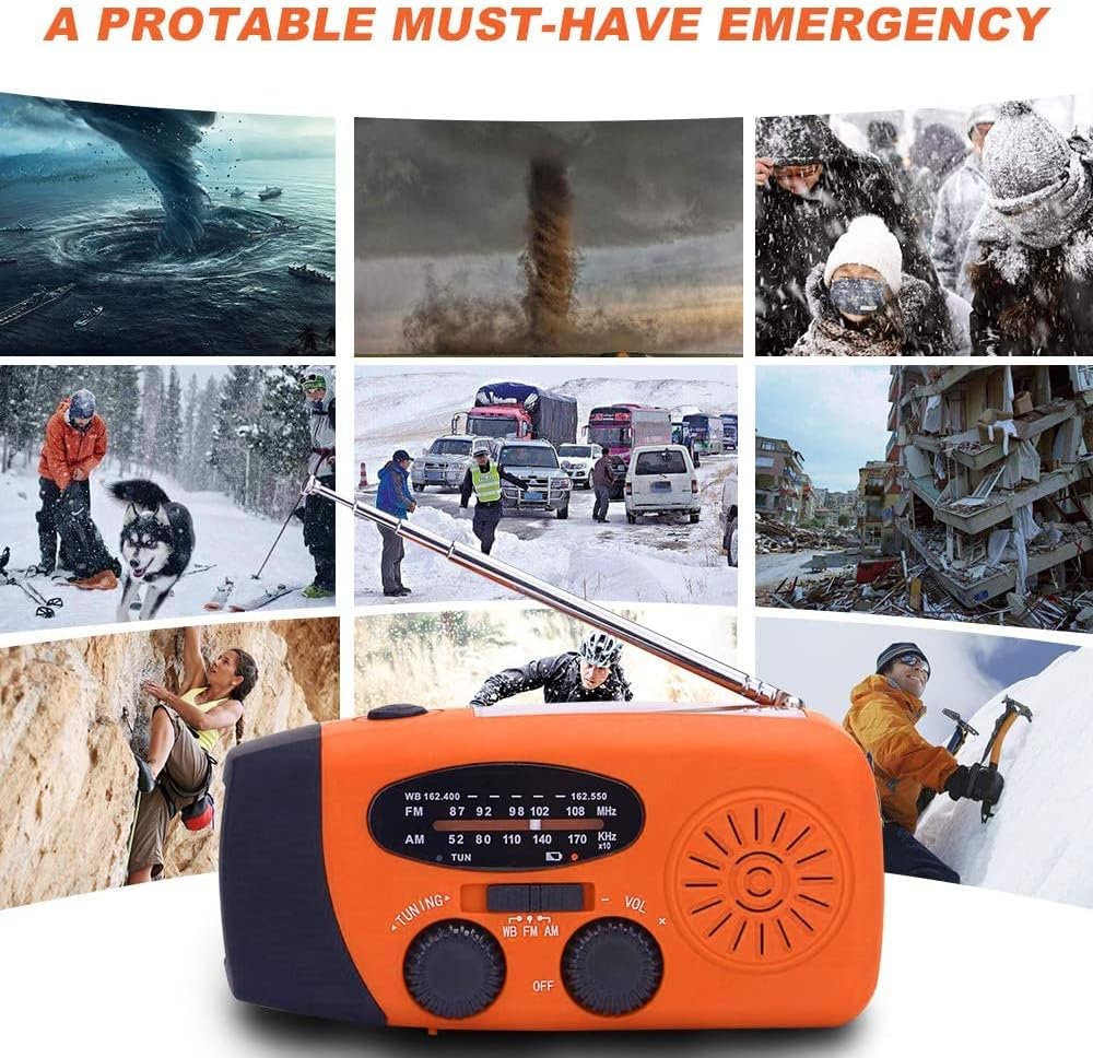 Radio à manivelle d'urgence avec lampe de poche LED, radio portable AM/FM NOAA avec batterie externe 2000 mAh, orange - 6