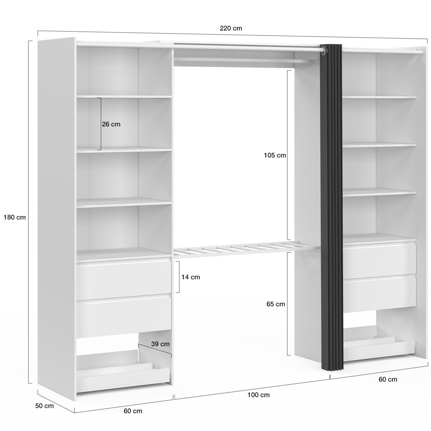 Dressing double XXL MERYL 220 cm avec porte pantalons + étagères + tiroirs + rangements à chaussures blanc et gris - 4