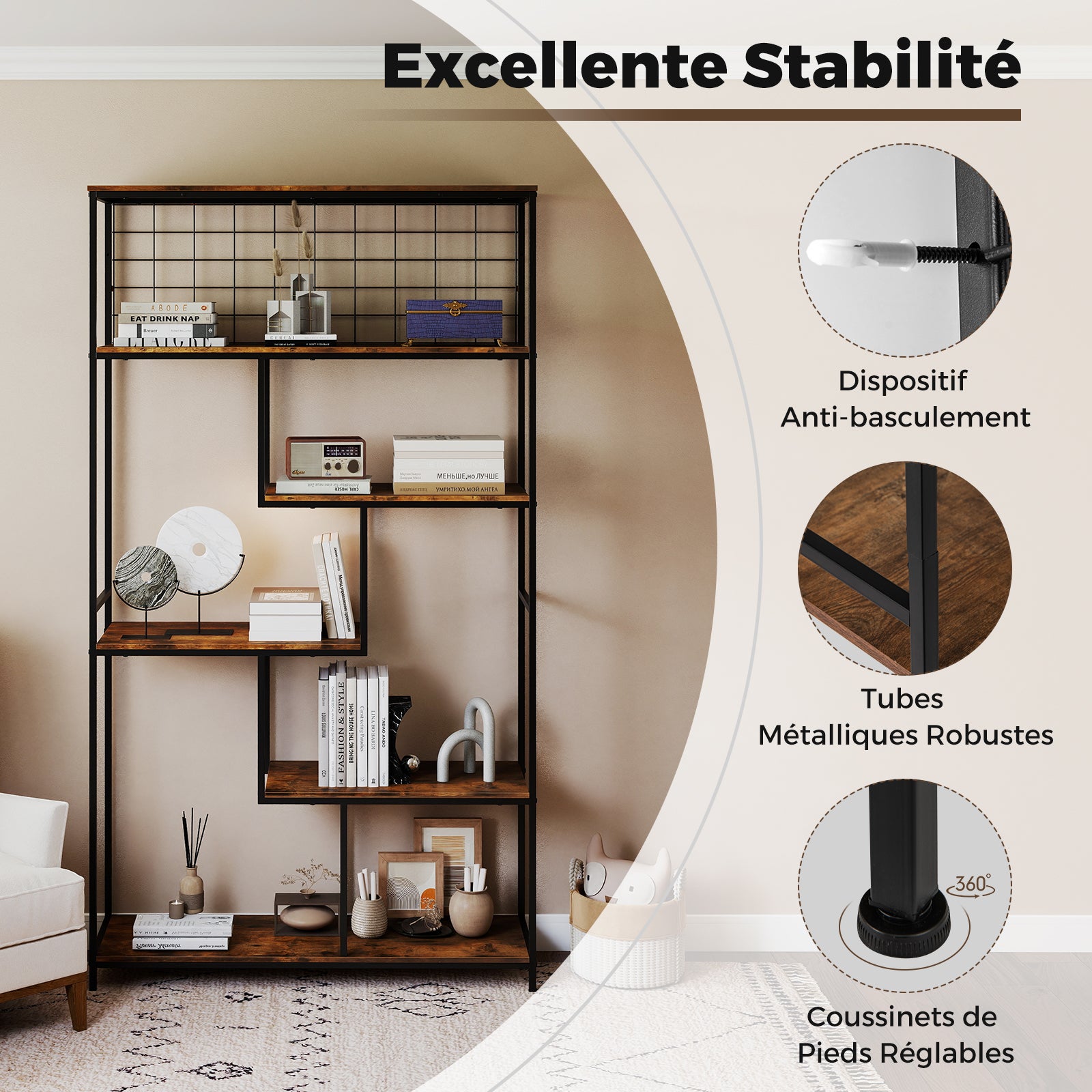 Support pour Plantes à 6 Niveaux, Bibliothèque Haute avec Filet en Métal, pour Salon Terrasse, 100 x 30 x 180 cm, Brun Rustique - 7