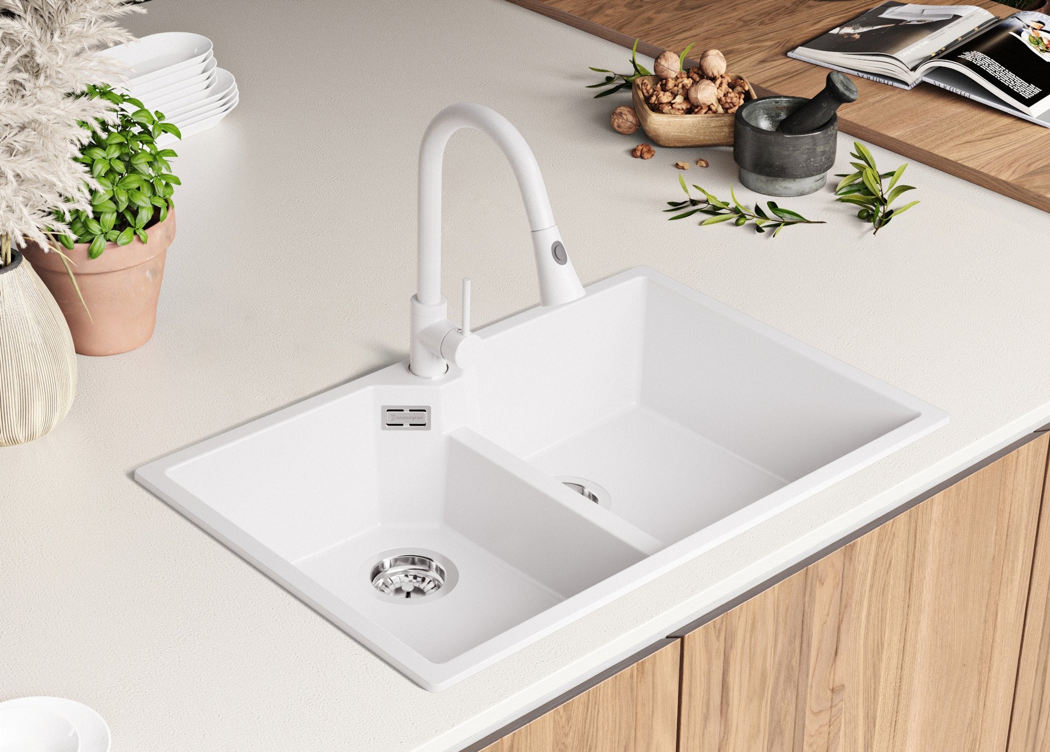 Lavandino da Cucina Bianco 78x50cm, Lavello in Granito a 2 vasche + Sifone Classico + Accessori, Lavabo da Cucina Incasso al mobile 80cm PRIMAGRAN - 2