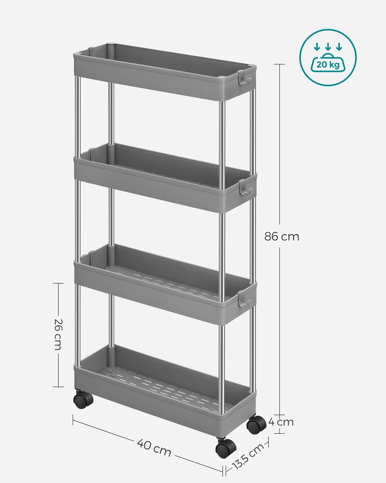 Desserte à roulettes, Chariot de Rangement, Étagère Roulante, 4 Niveaux, Gain de Place, pour Salle de Bain, Cuisine, Bureau, 40 x 13,5 x 86 cm, Blanc - 8