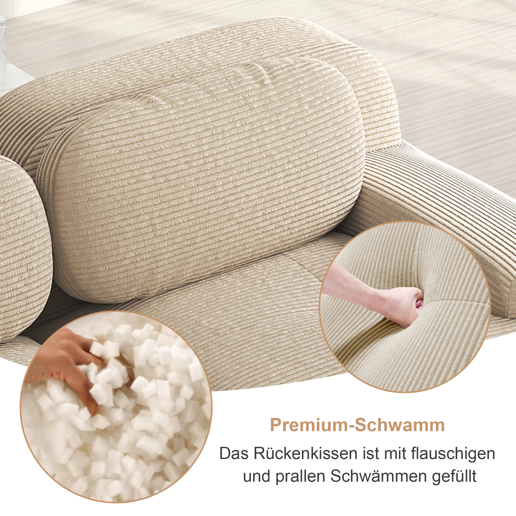 Canapé modulable avec 3 tabourets,&nbsp;Canapé 3 places en velours côtelé, accoudoirs ultra larges, Canapé d'Angle rembourrage 32D, Canapé compact beige - 5