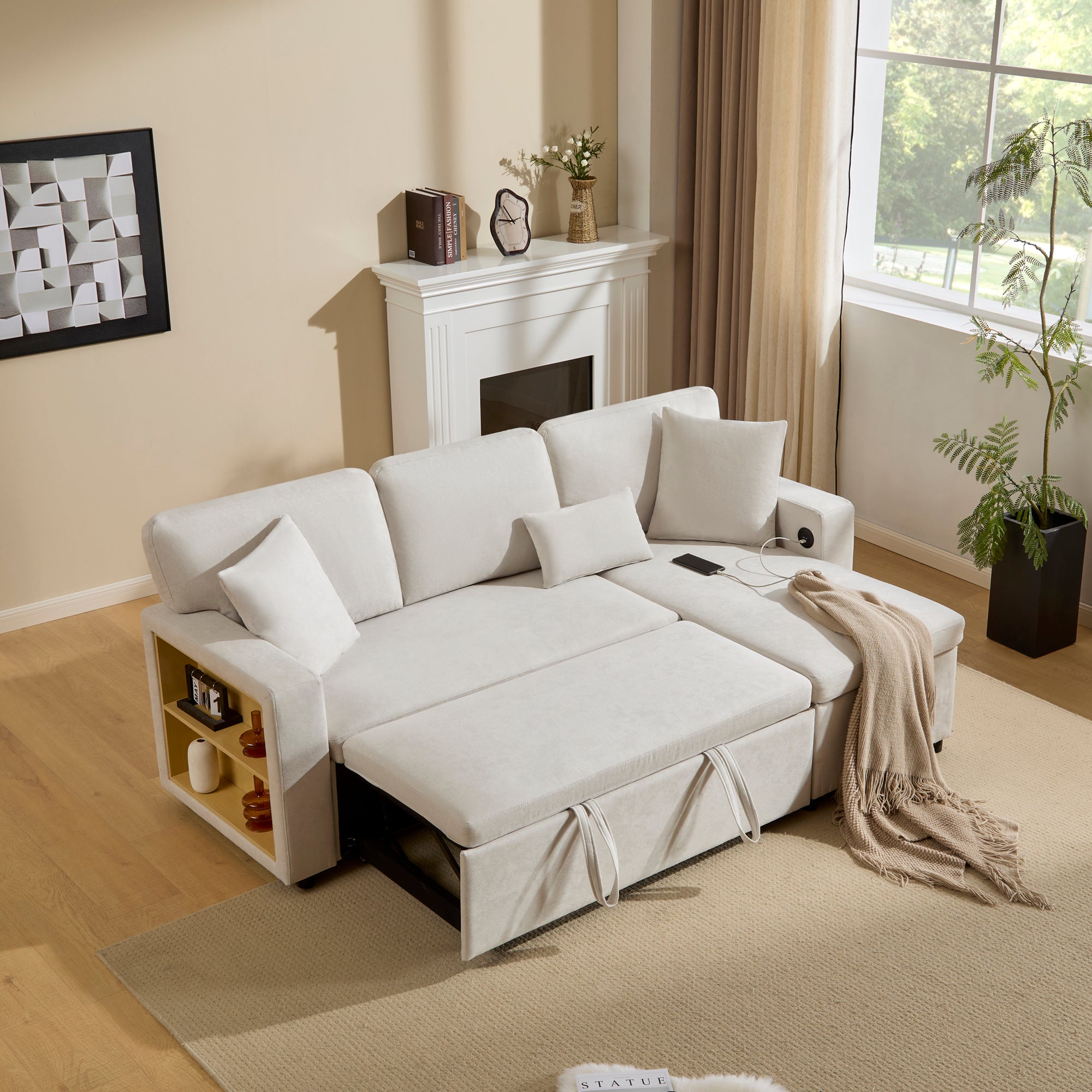 Sofa 215x133x85cm - z portem USB - ze schowkiem - z funkcją spania - beżowa
