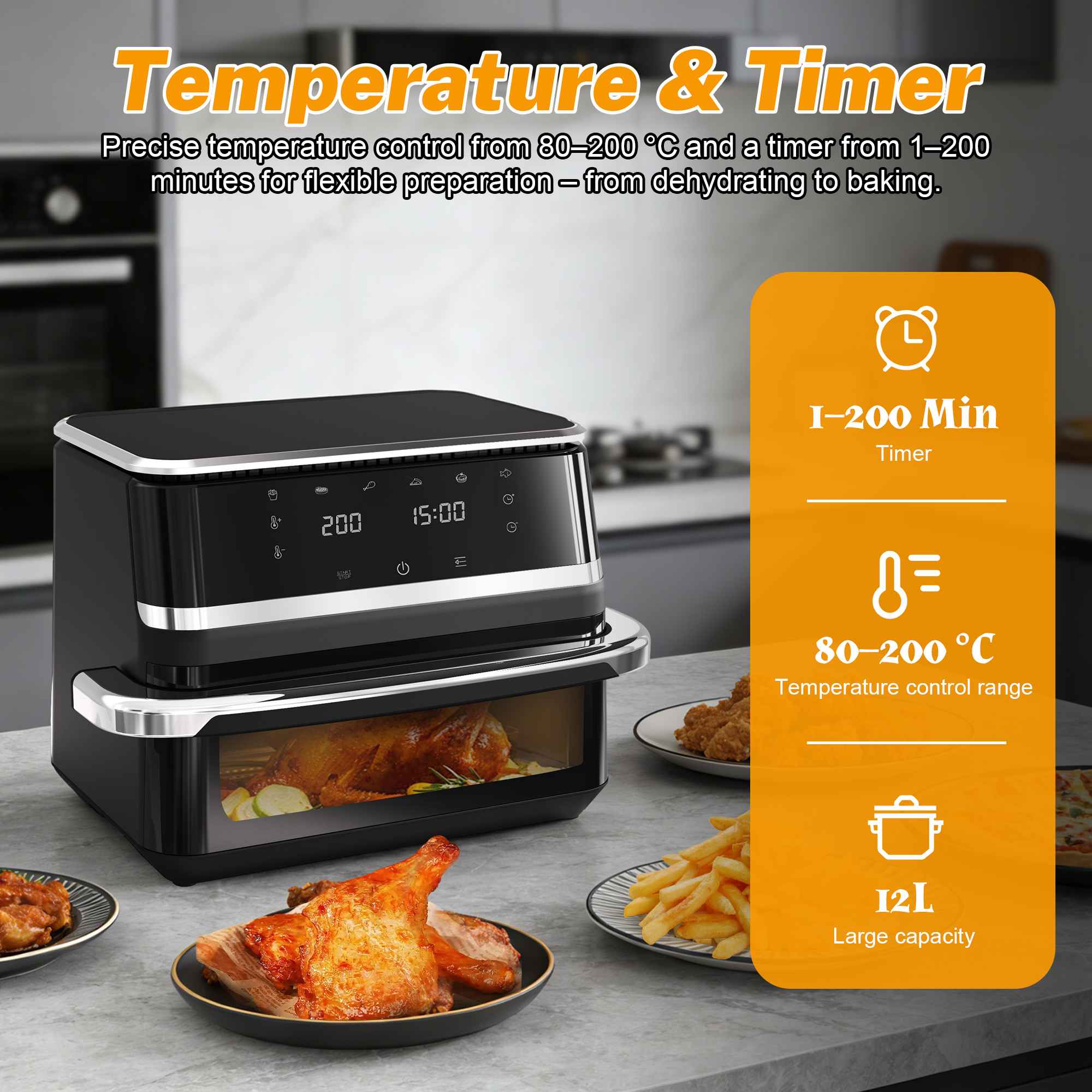 Friteuse à air 12L multifonction, cuisson saine 80% moins de graisse, écran tactile, 80-200°C, minuterie 200 min - 8