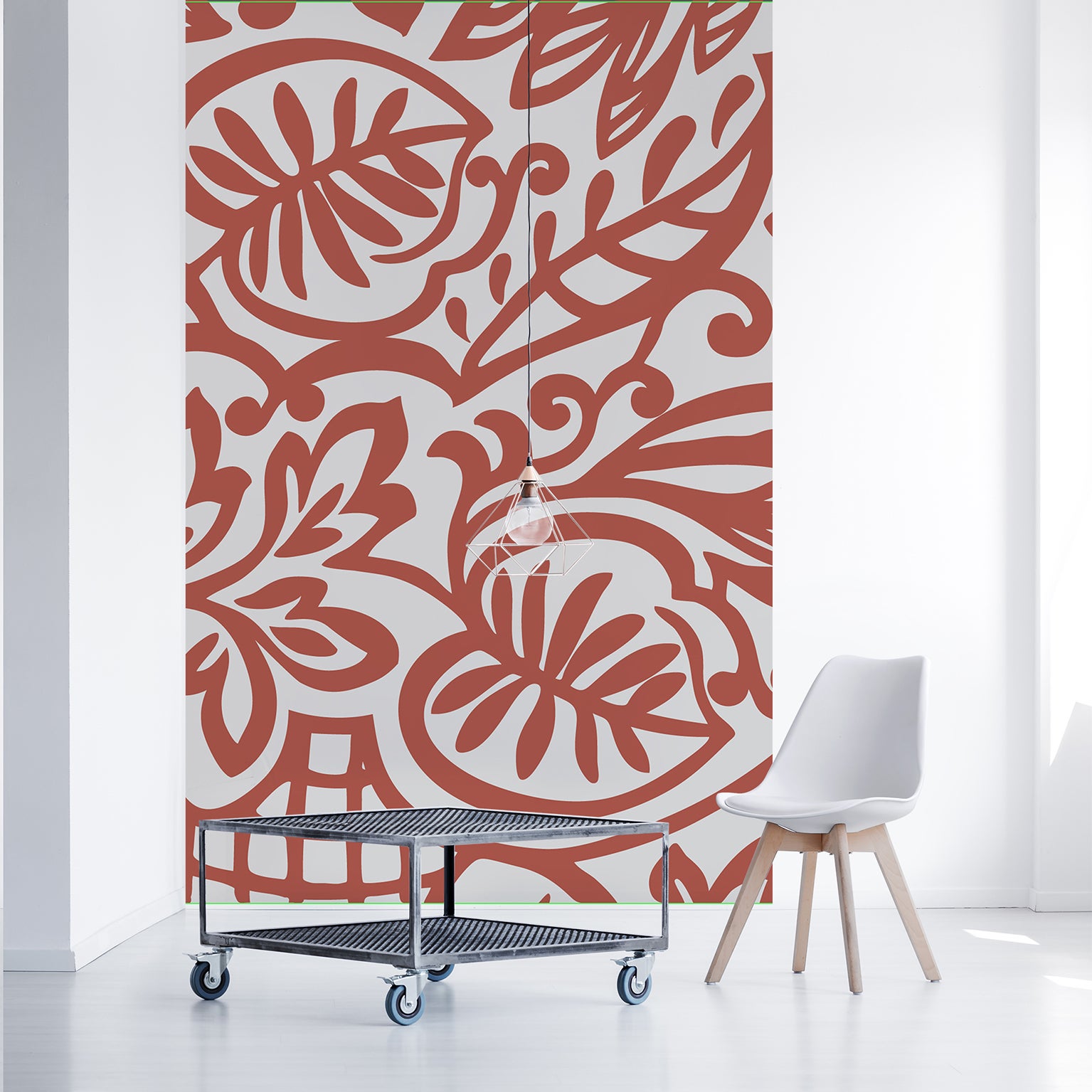 Papel tapiz panorámico con información fría, papel introductivo, patrón floral arabesco gris sobre un fondo rojo, 250 cm x 150 cm