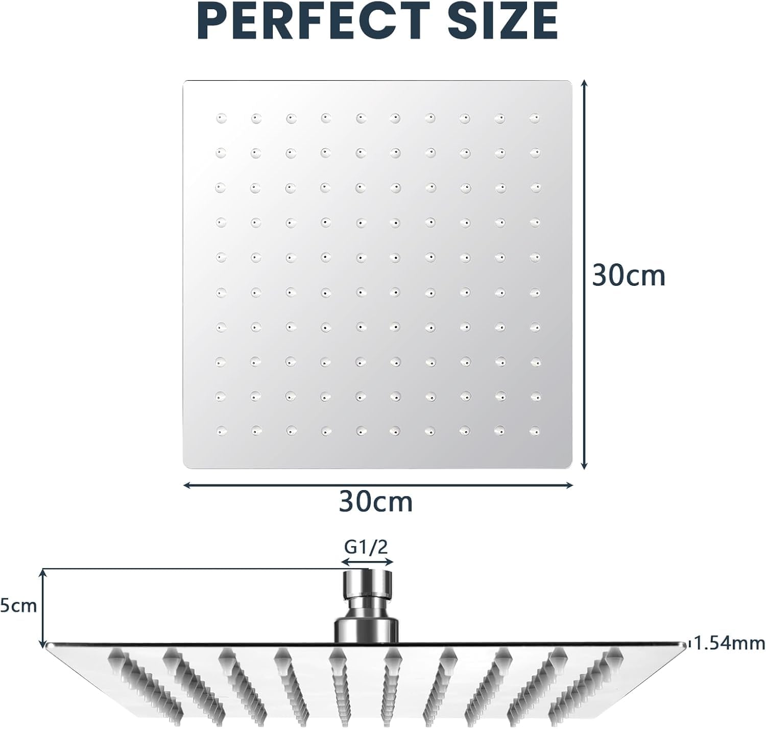 Pommeau De Douche Carré 12 Pouces Inox 304 - Haute Pression, Anti-Calcaire, Rotatif 360° - Easy Install
