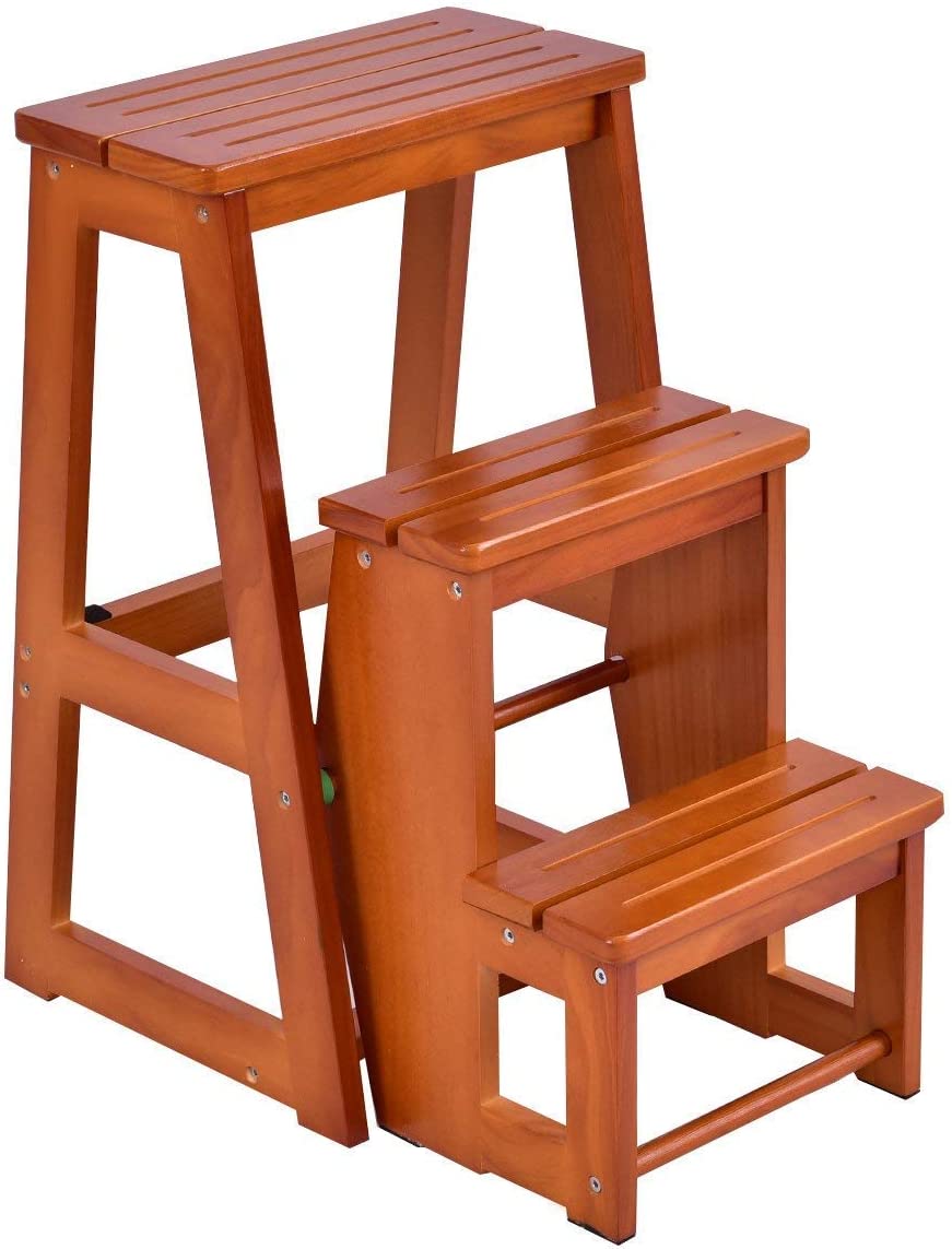 Taburete plegable, silla de madera de 3 peldaños, multifunción escalera banqueta estantería escalón para baño hogar decoración, hasta 150kg (marrón cl