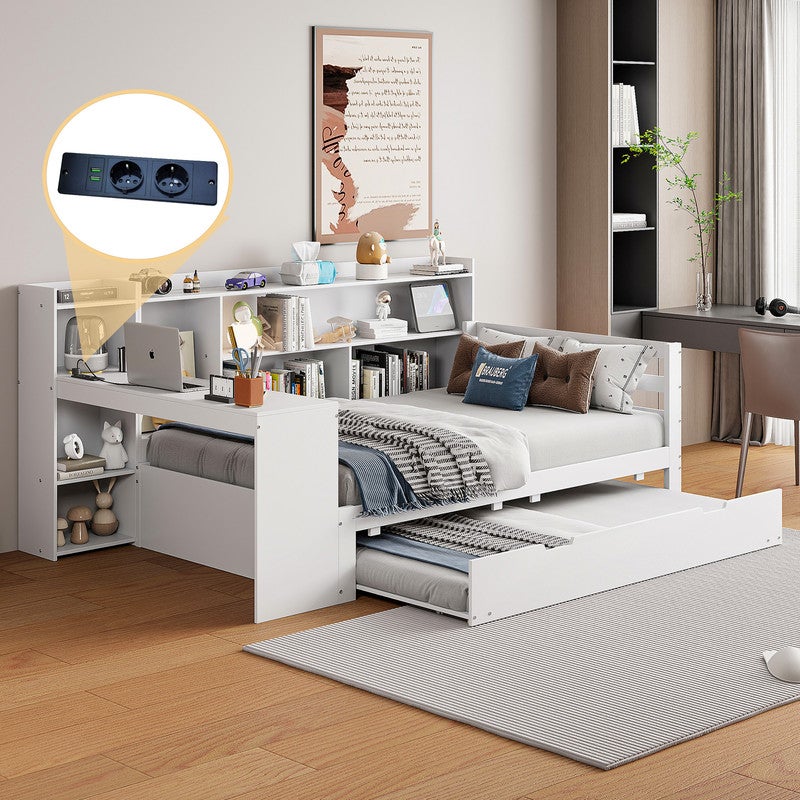 Sofa rozkładana z litego drewna 90x200 cm - z biurkiem + regał - schowek + półki - z gniazdkami - z łóżkiem wysuwanym - biała