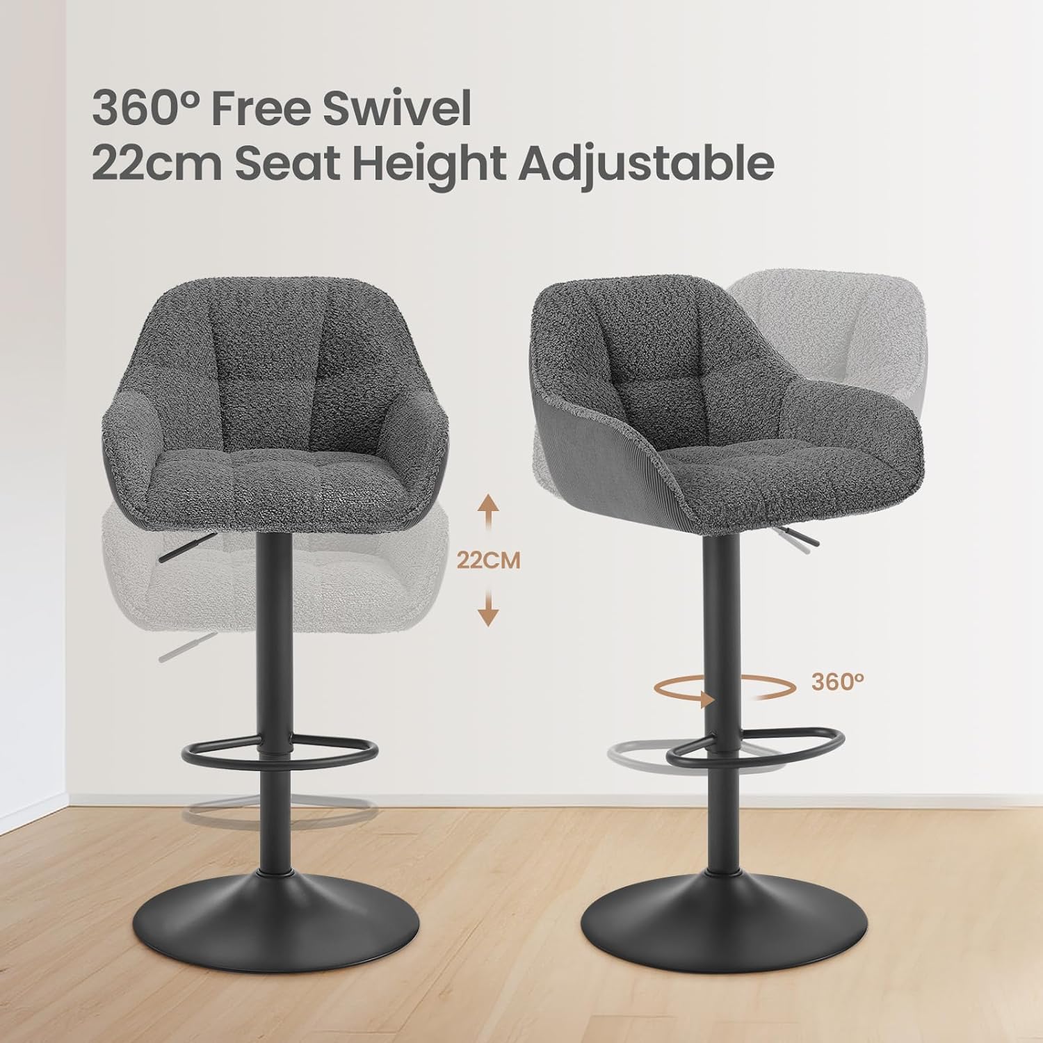 Lot de 2 Tabourets de Bar Chenille+Velours Côtelé, Tabouret Bar Réglable en Hauteur avec Dossier, Repose-Pieds, Gris foncé WOLTU - 3