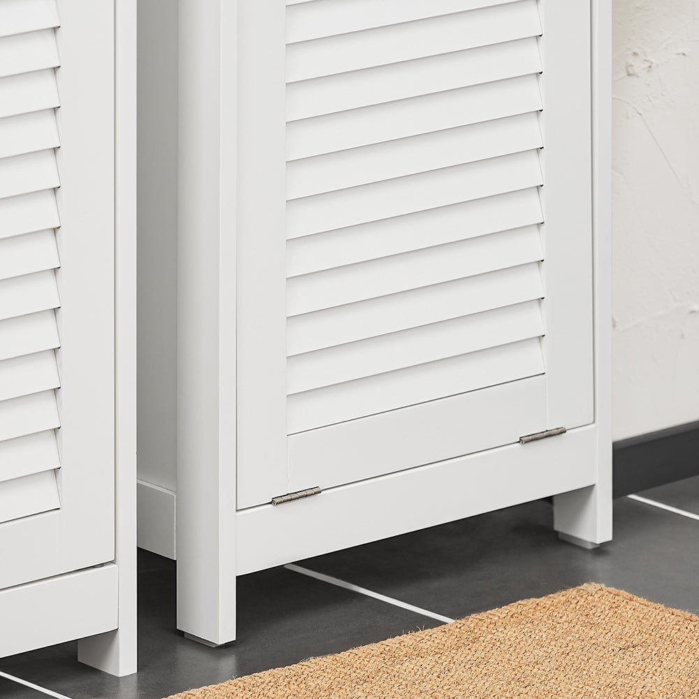 SoBuy Columna de Baño, Armario Alto con 1 Puerta de Persianas, 1 Cajón y 1 Cesto para Ropa Extraíble, Blanco, BZR124-W - 7