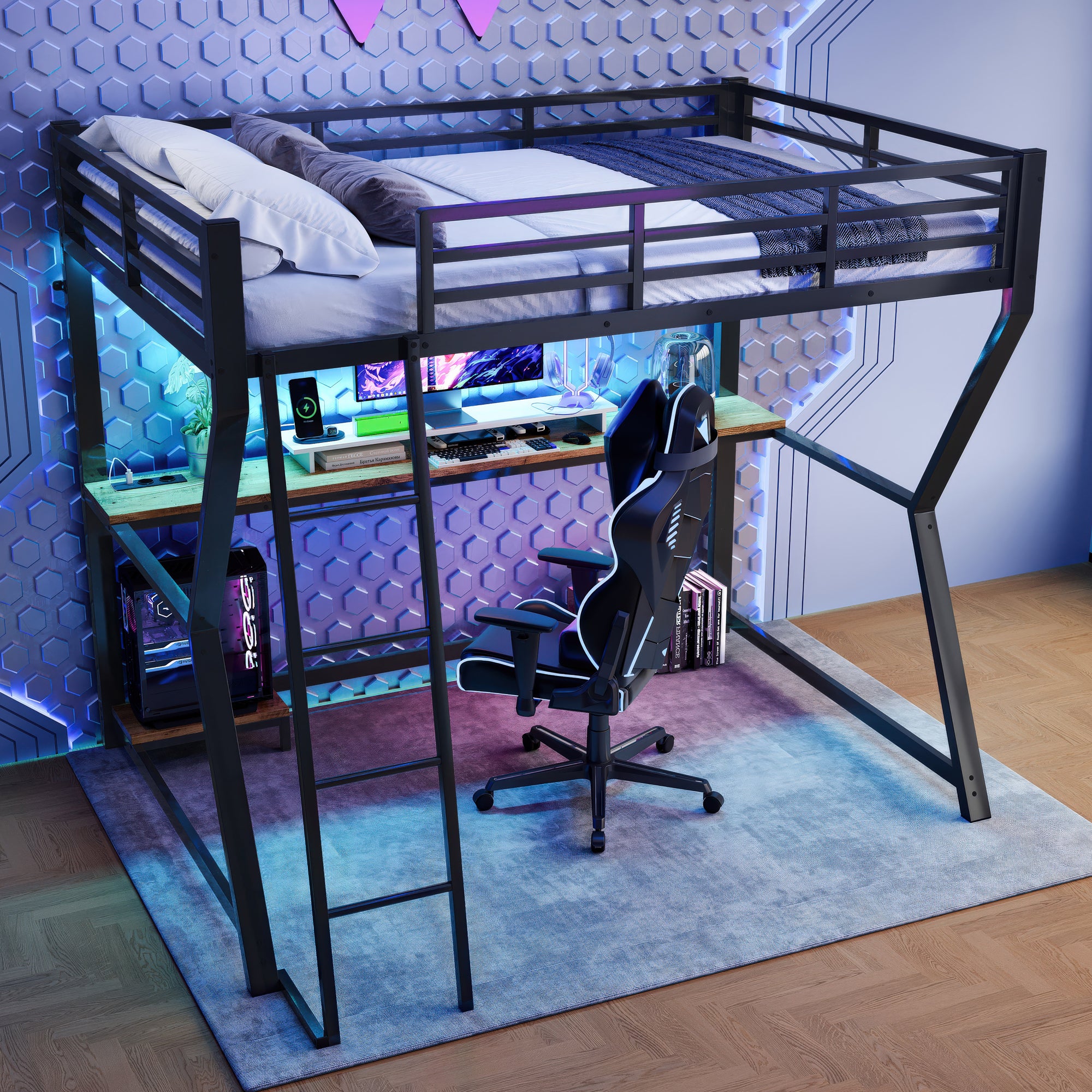 Lit Mezzanine Enfant 90x200 Cm Avec Bureau Armoire Rangement Escalier LED Prise,blanc - Lit superposé - Mezzanine