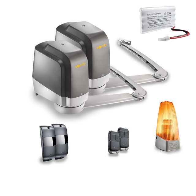 Somfy - Motorisation à bras Lockyvia Essential RTS pour portail battant - 2 télécommandes Keypop, feu clignotant, batterie de secours et photocellules