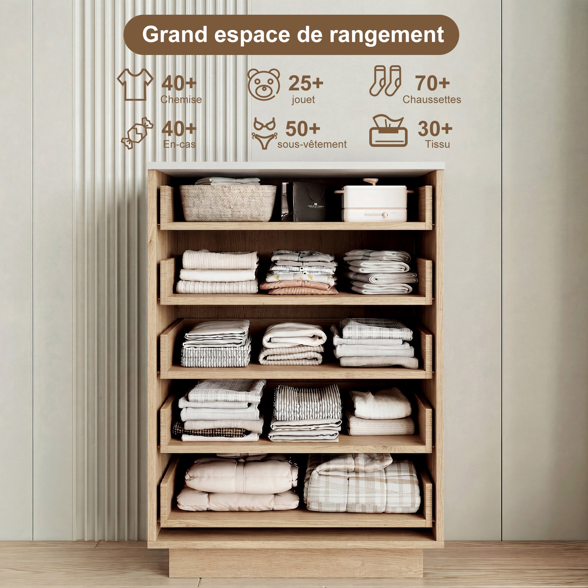 Commode 5 tiroirs - Commode Chambre Meuble de Rangement Style bohème avec Bois - table de chevet avec LED - 40 x 73 x 111 cm - Bois Naturel - 6