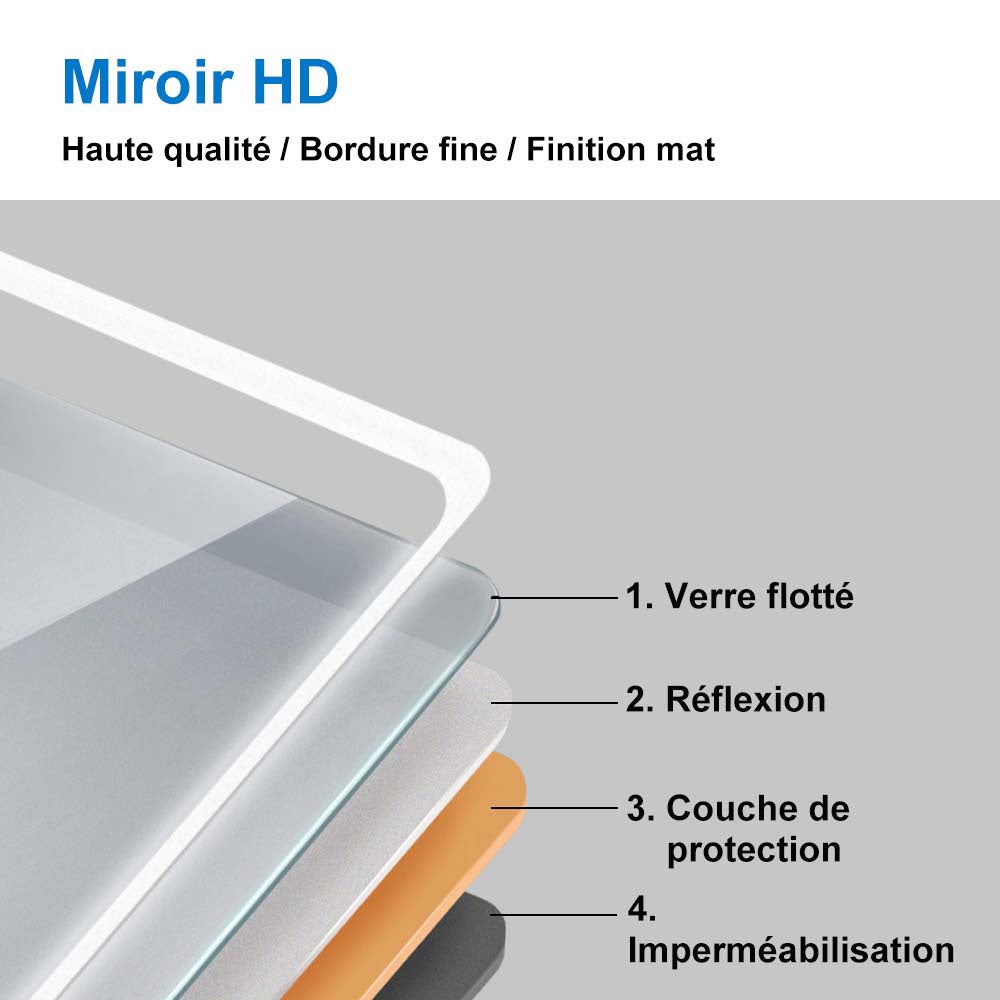 Miroir lumineux l.120 x H.70cm avec Anti-buée + 3 Couleurs + Dimmable, Mural Miroir Lumineux - 5