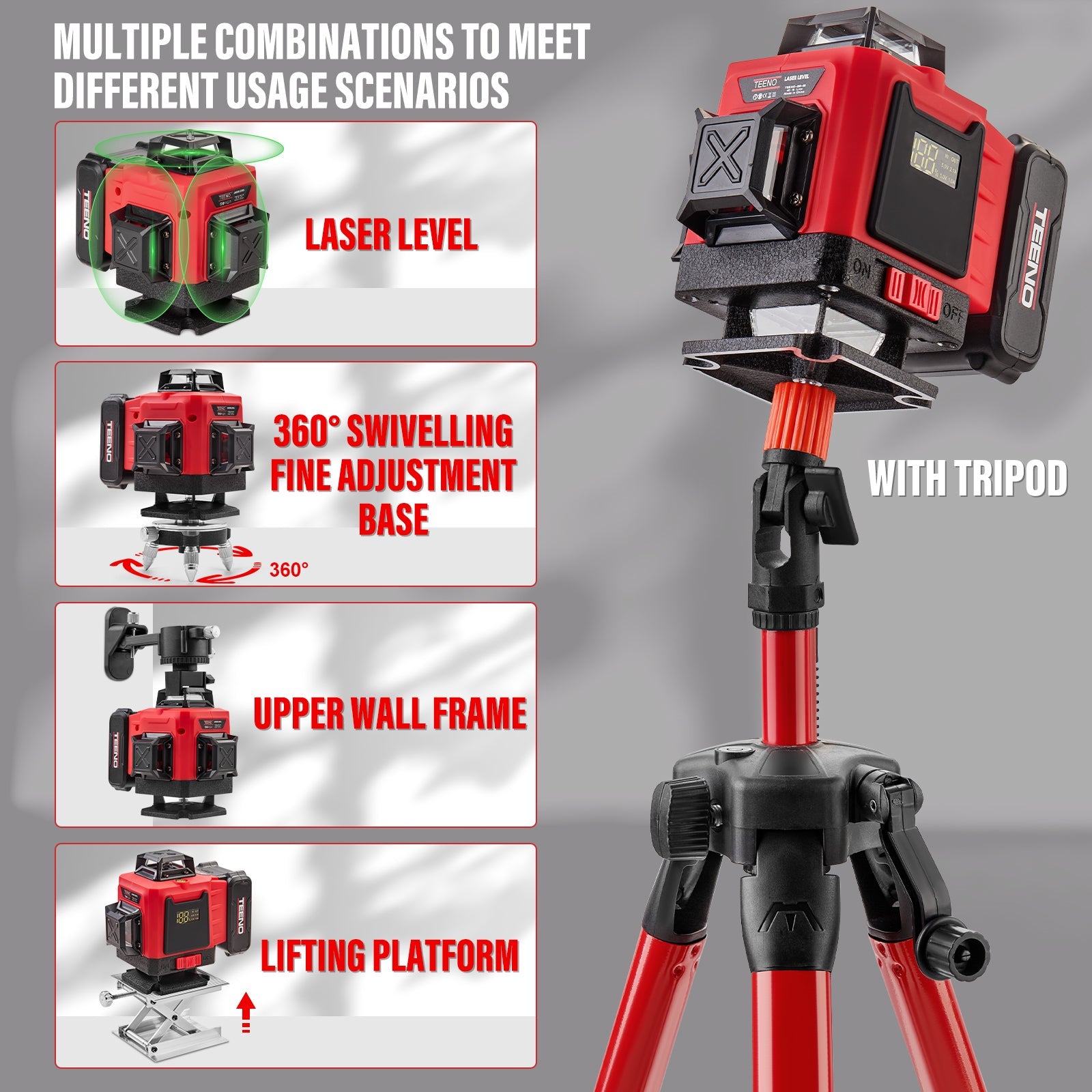TEENO Niveau laser 4 x 360° vert 4D 16 lignes, batterie rechargeable 4800 mAh x 2 avec télécommande et trépied, affichage digital LCD, base magnétique - 4
