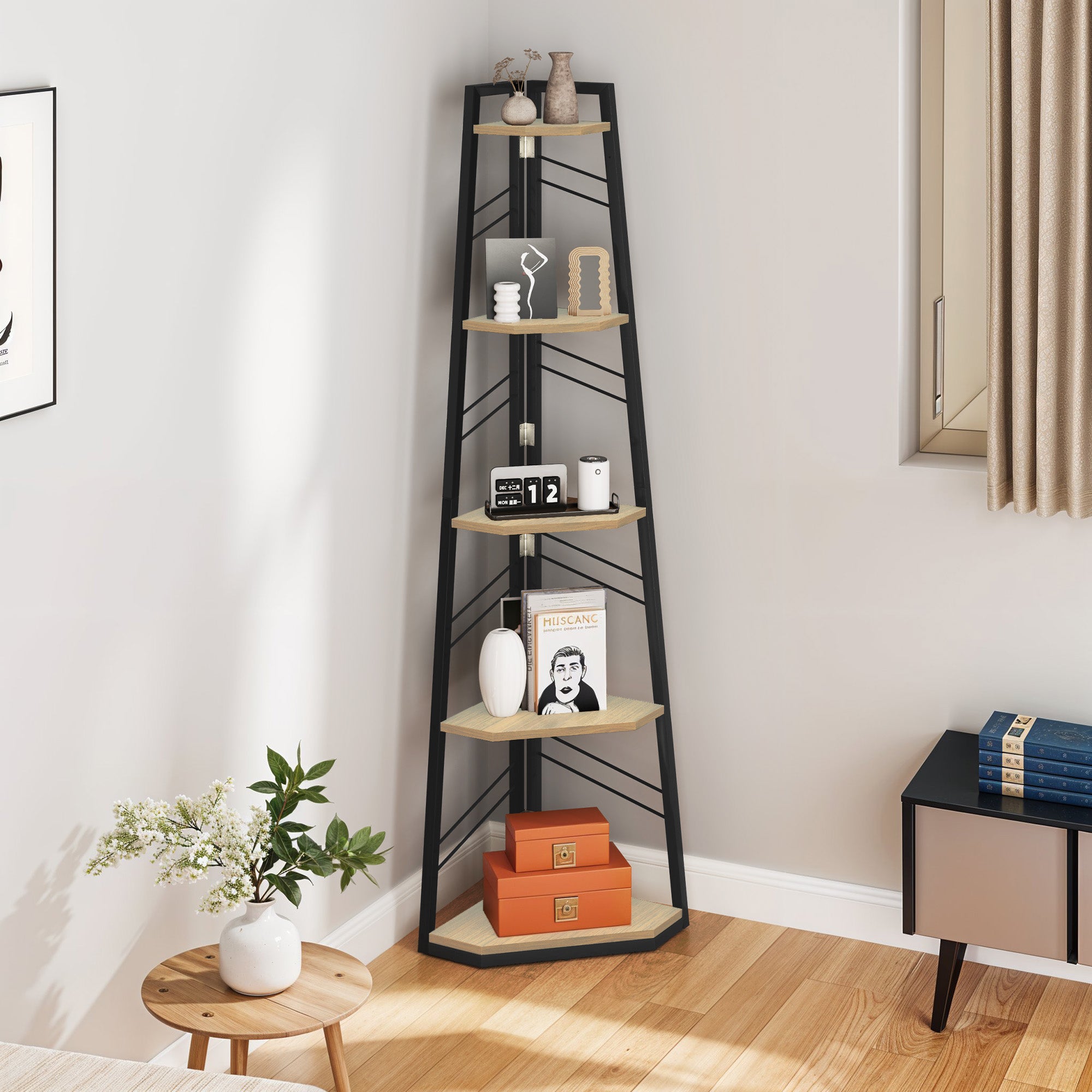 YITAHOME Libreria Angolare 5 Ripiani Stile Industriale Moderno Rovere 35x35x160 - 3
