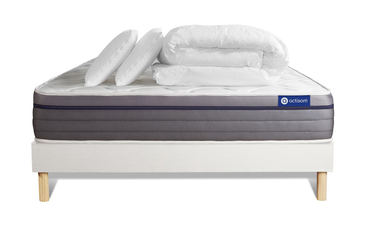Pack Matelas Actilatex zen - Latex et mémoire de forme - Ep : 26cm - Sommier kit Blanc avec couette et 2 oreillers - 2