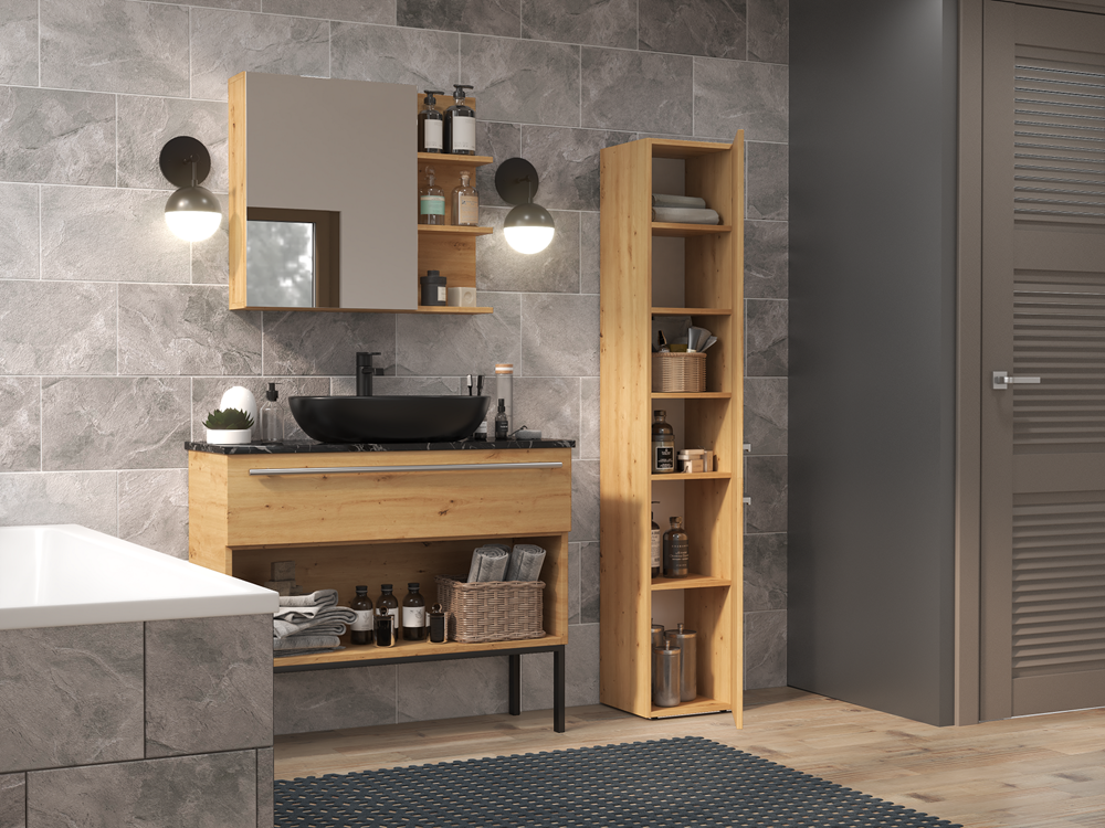 KOMMA - Meuble salle de bain 2 portes - 31x30x174 cm - Colonne rangement SDB - Chêne - 5