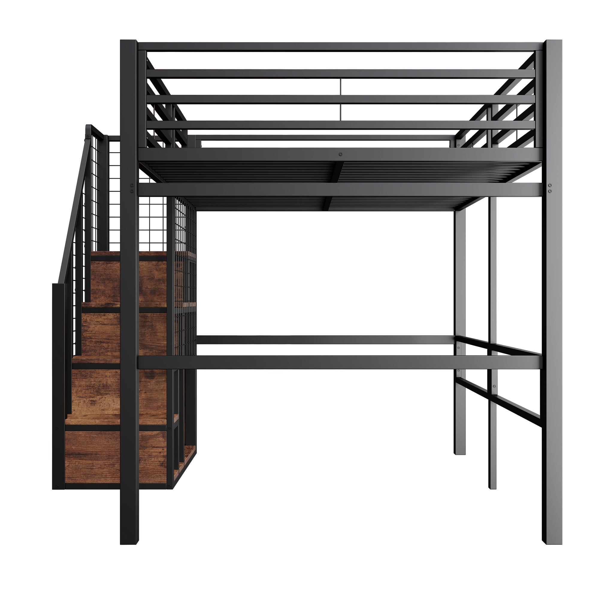 Lit mezzanine double 140×200cm, Avec espace de rangement, Lit enfant en fer, avec escalier de sécurité et garde-corps, Noir (matelas non inclus) - 7