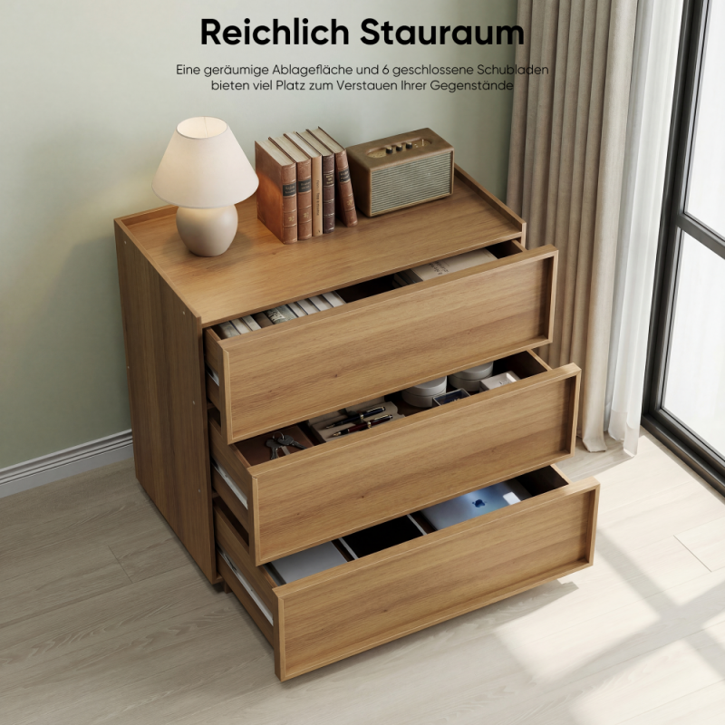 Kommode 3 Schubladen Holz modernes Design Eiche, multifunktionale Aufbewahrungsschrank Schminktisch TV-Schrank Schlafzimmer Wohnzimmer Flur - 7