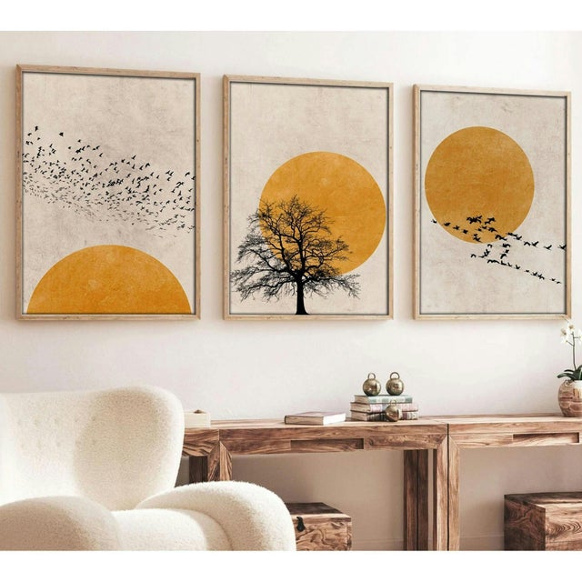 Tableau nature stylisée – soleil et oiseaux (lot de 3)