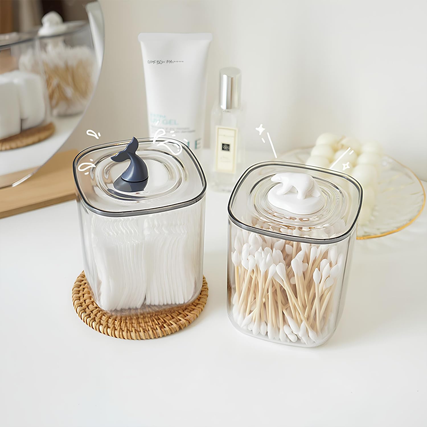 Distributeur De Boules De Coton 2 Pièces - Boîte Rangement Pour Cotons Tiges Transparent - Support De Coton Tige Pour Boîte à Cosmétiques - 8