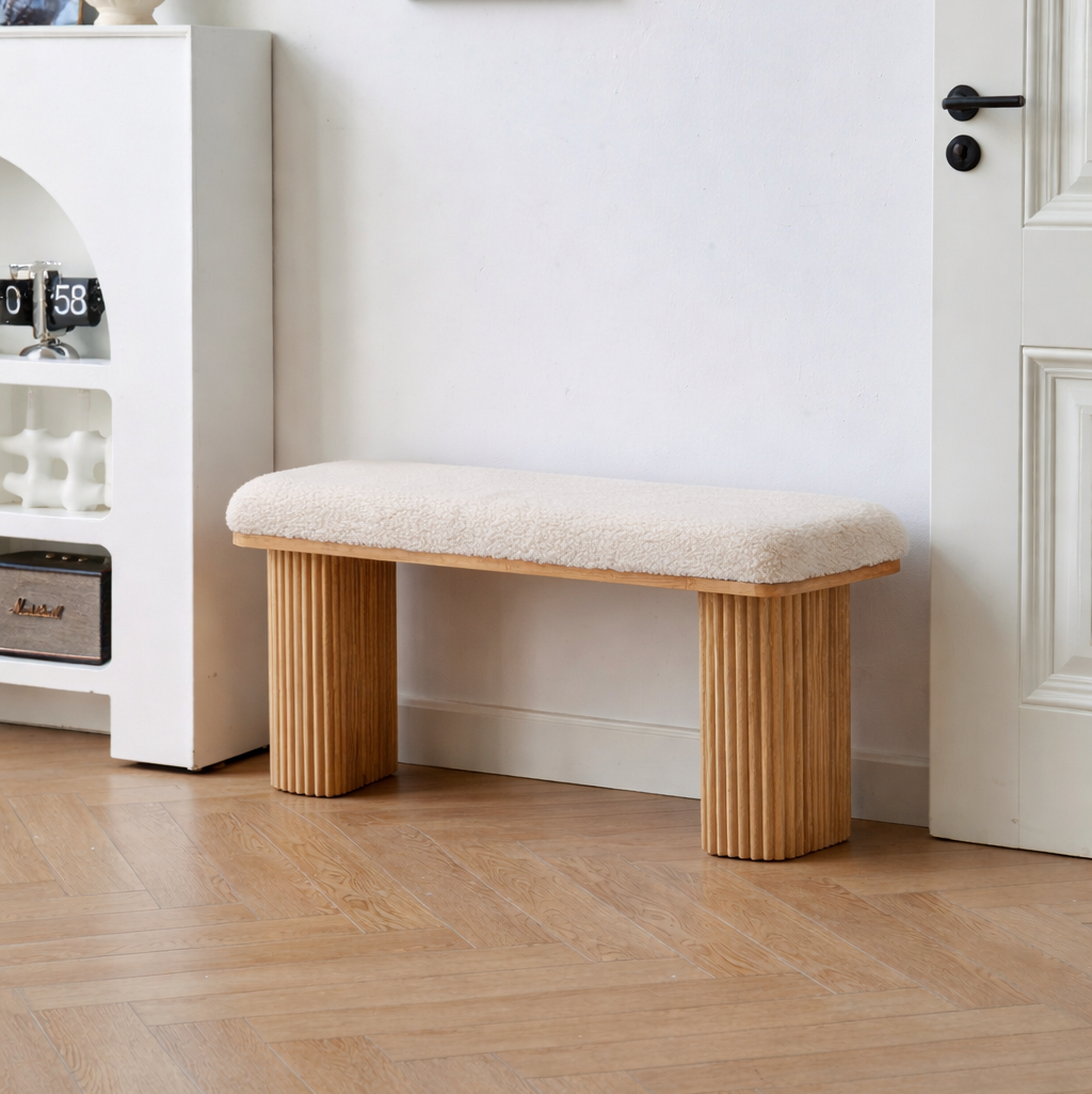 Nordlys - Banc Entrée Chambre Scandinave Bois Velours Beige - 2