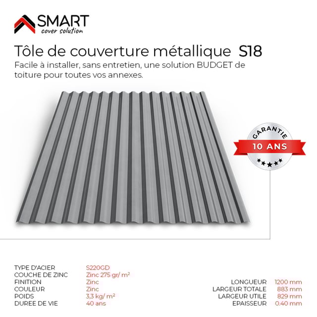 Tôle bac acier - Toiture - Couverture - plaque S18 Galvanisé Dimensions 1200x883x0.40mm Zinc 275 gr S220GD