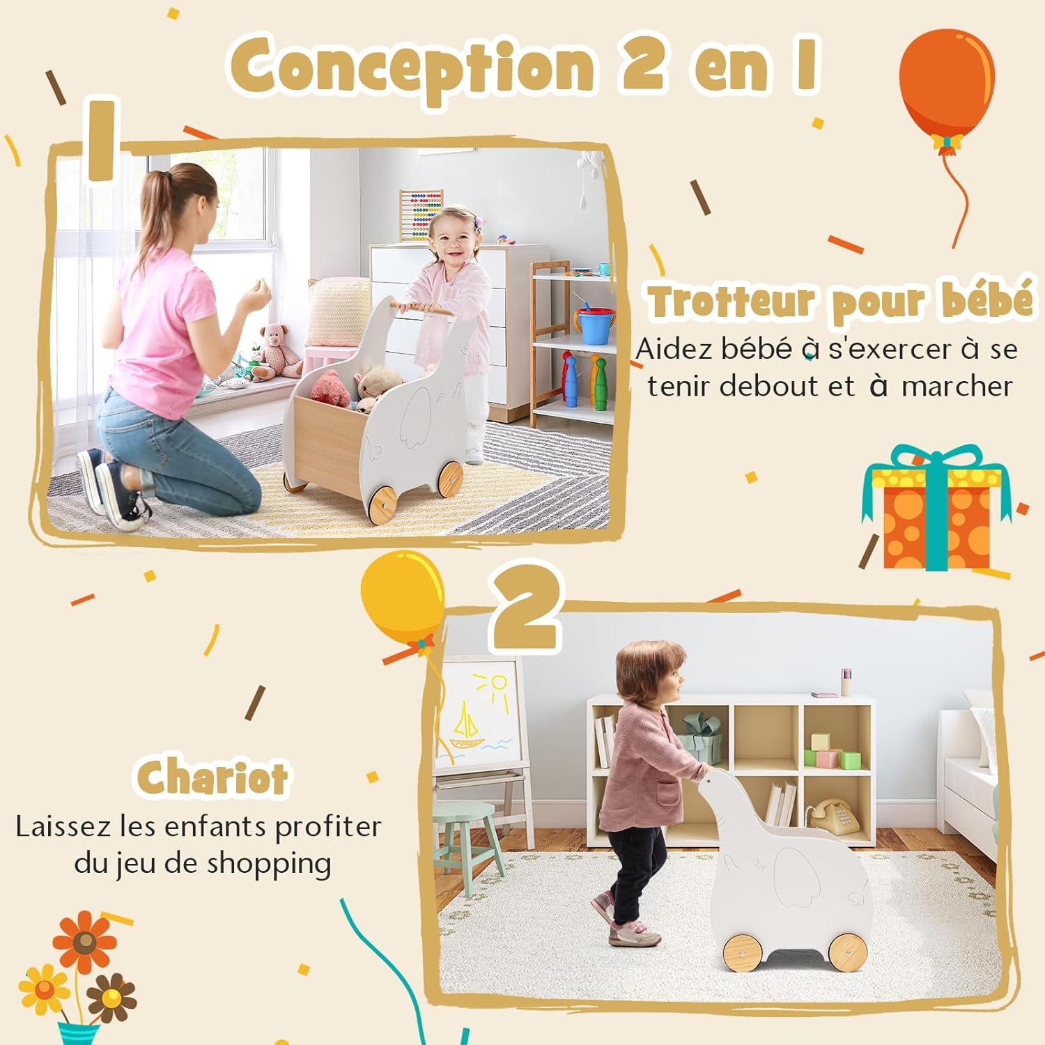 Trotteur Bois Bébé, Chariot de Marche 2 en1 avec Coffre à Jouets, Marcheur Enfant 1+ Ans Forme d'Éléphant, Parfait Cadeau pour Enfants - 4