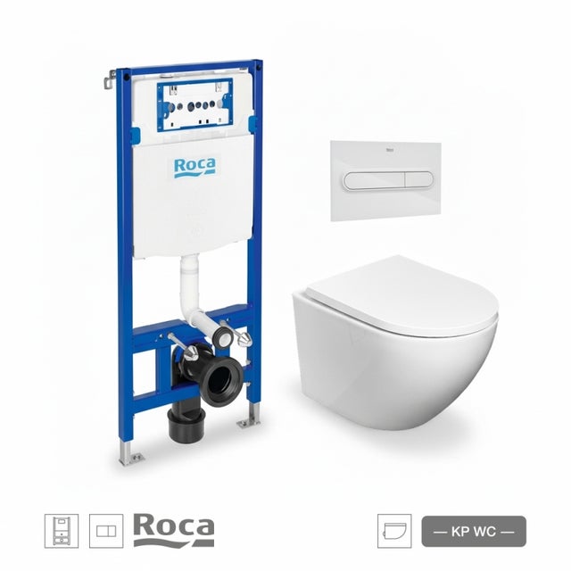 BASTIDOR ROCA DUPLO PACK CISTERNA EMPOTRADA Y PULSADOR PL1 BL BR CON INODORO SUSPENDIDO KP ROUND SMART 52cm TOR 3 CON Soft Close