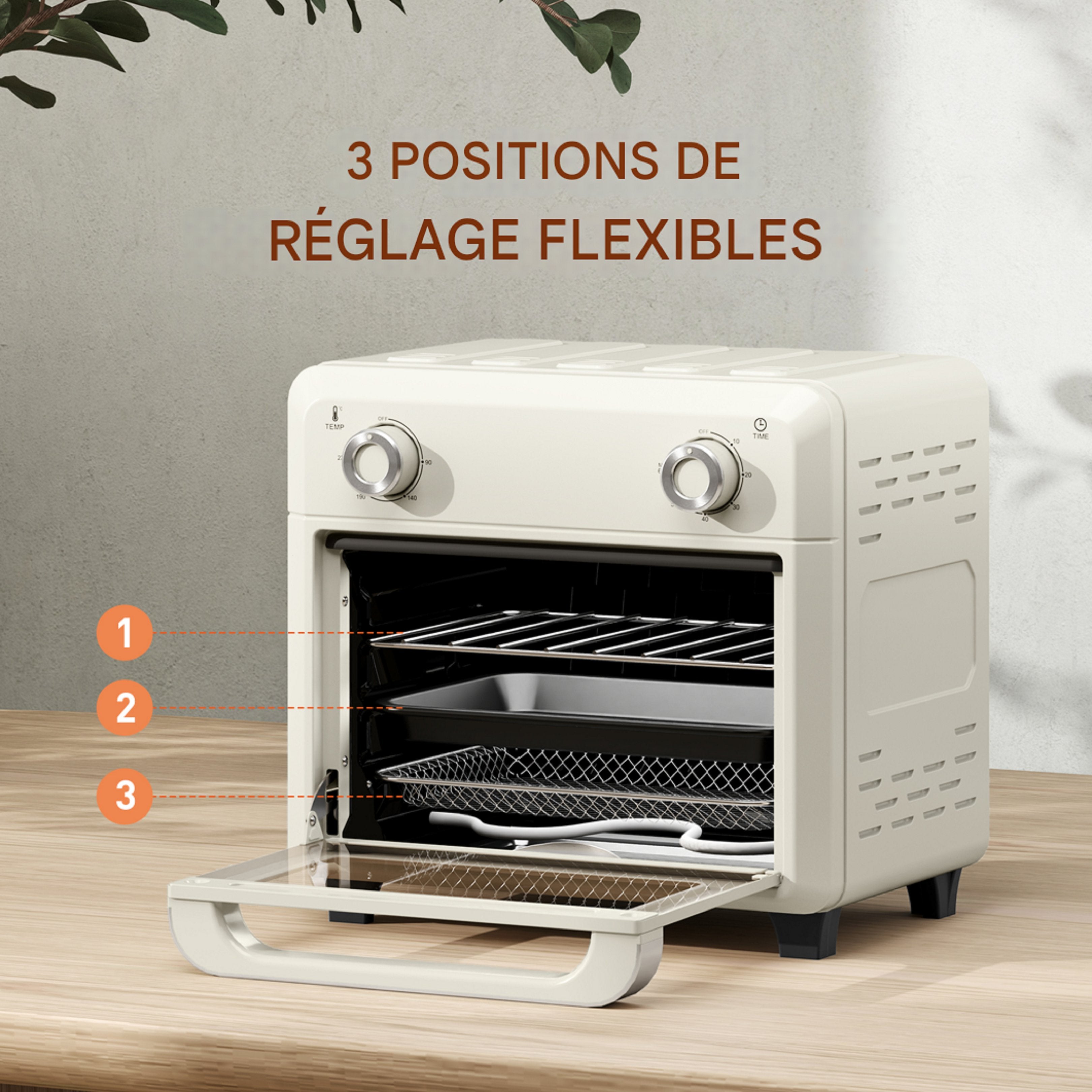 Four HOMCOM Mini à convection 10 L 2 en 1 avec grille, friteuse à air chaud 80 °C-230 °C avec écran tactile, 1000 W - 3