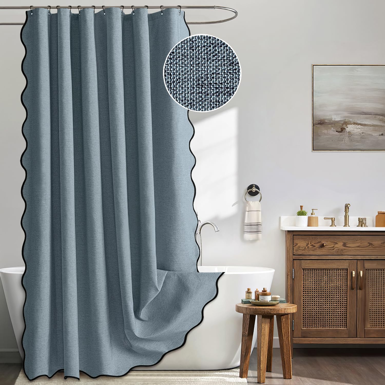 Zasłona prysznicowa wachlarzowa, imitacja lnu, z haczykami, do czystej i suchej łazienki – 1 sztuka, niebieska, 90 x 180 cm