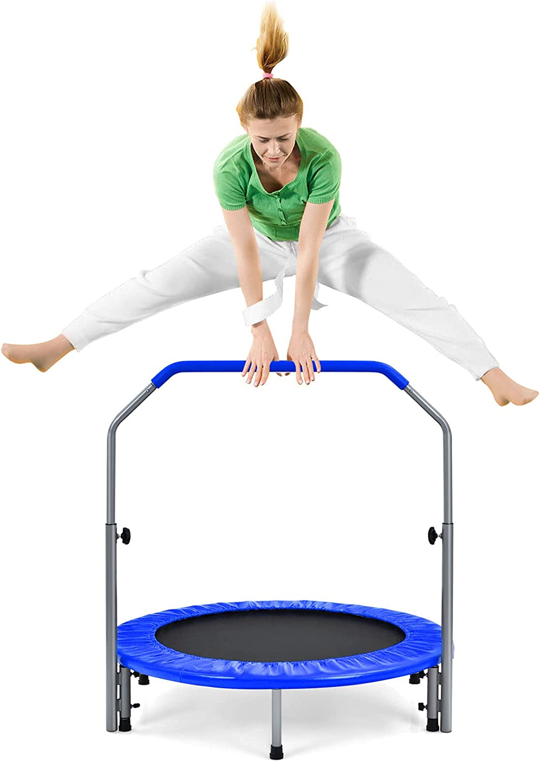 Mini trampolina o średnicy 101 cm, składana, dla dzieci z uchwytem o regulowanej wysokości, obciążenie do 150 kg, dla dorosłych i dzieci (niebieska)