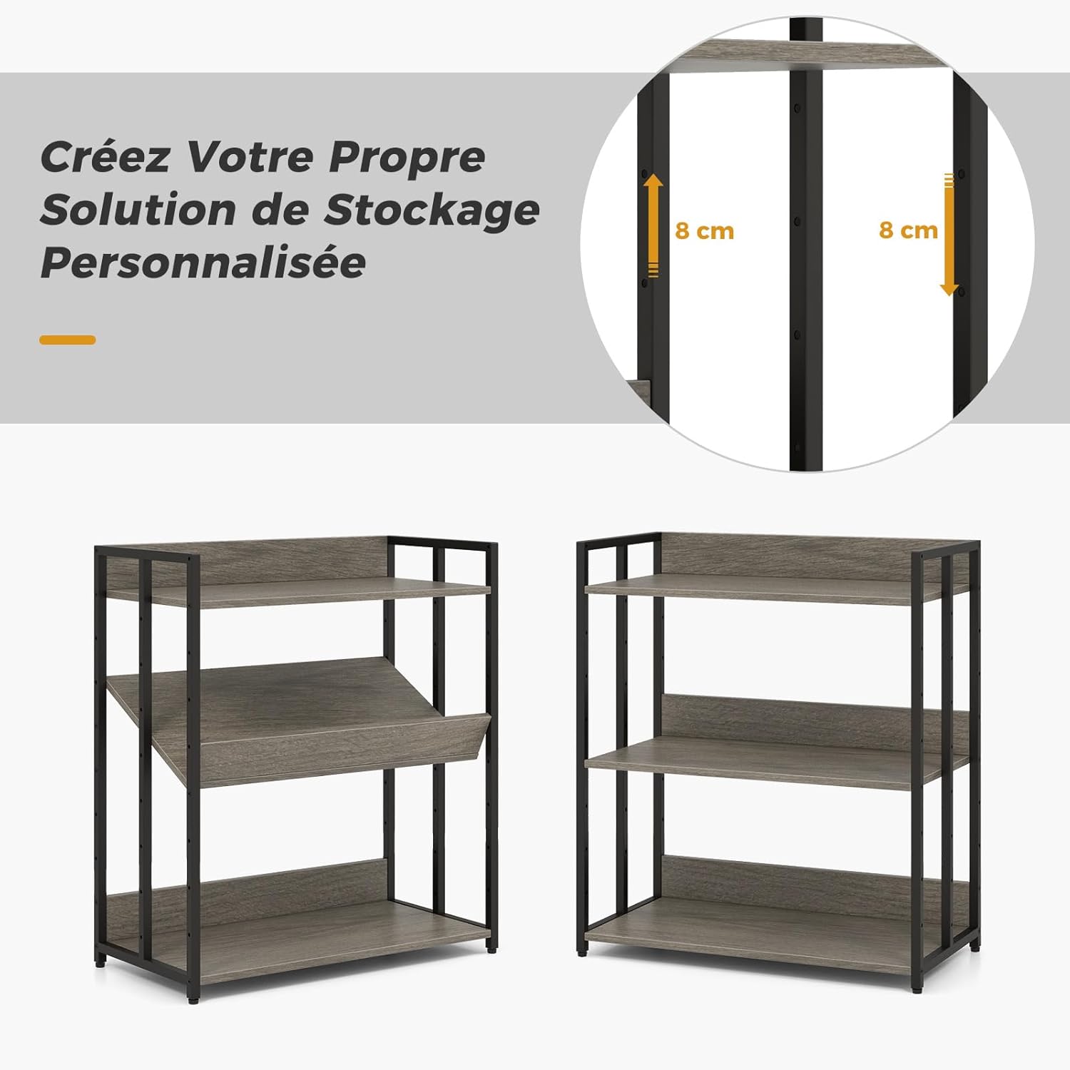 Scaffale a 3 Ripiani, Libreria Angolare Industriale con Ripiani Regolabili e Struttura Metallica, Scaffale da Terra con Dispositivo Antiribalt - 6
