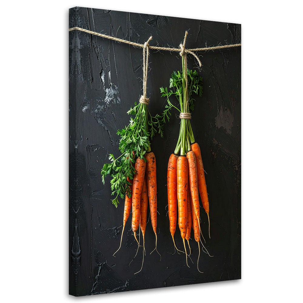 Obraz do kuchni restauracji baru jadalni, Wiszące marchewki warzywa 20x30