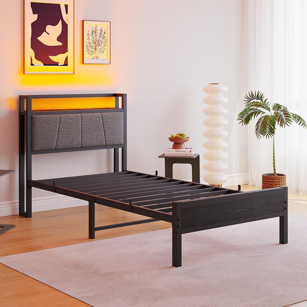 Łóżko dla dorosłych z inteligentnym oświetleniem LED i portami USB, metalowa konstrukcja, czarne - 90 x 200 cm - 8