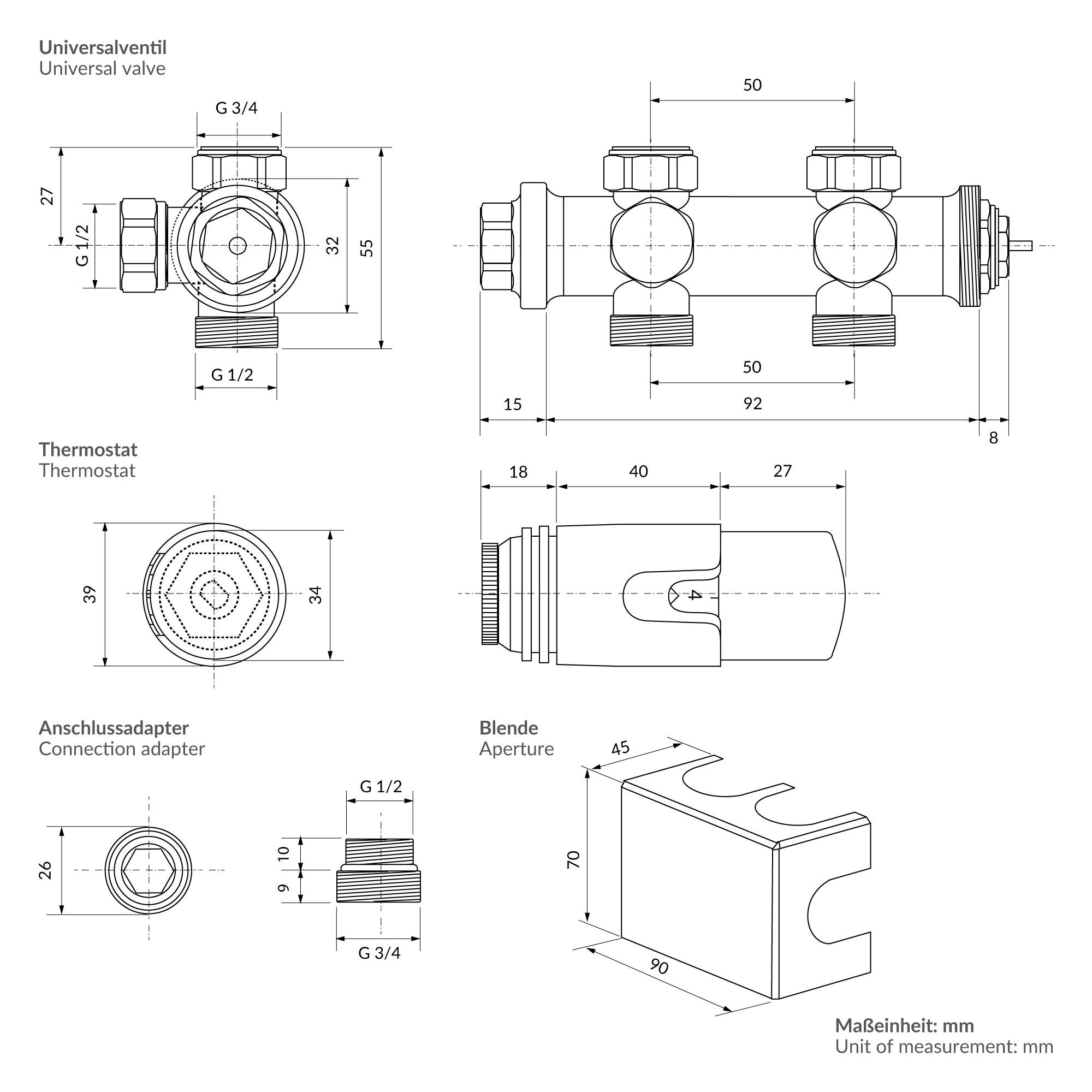 Zestaw zaworów LuxeBath Multiblock antracytowy uniwersalny narozny i przelotowy z glowica termostatyczna do grzejników lazienkowych z podlaczeniem