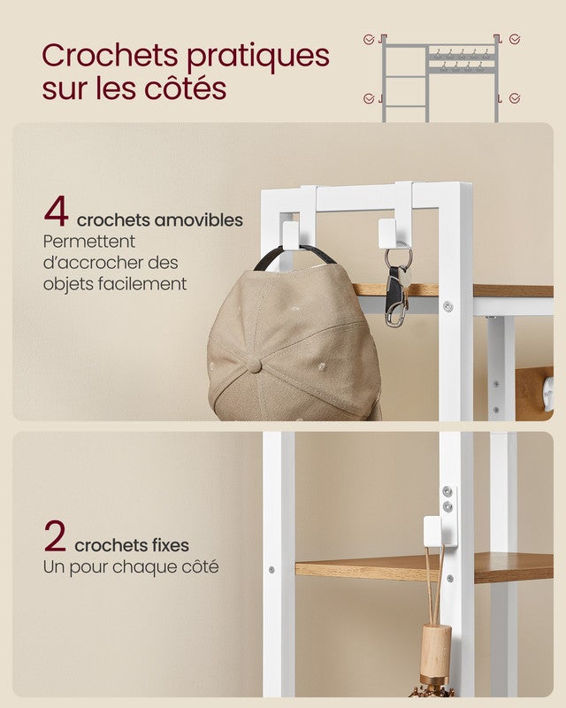 Porte-manteau, Meuble d’Entrée, 5 Étagères de Rangement, 9 Patères et 6 Crochets Latéraux, 40 x 120 x 190 cm, Doré Chêne et Blanc Nuage - 5