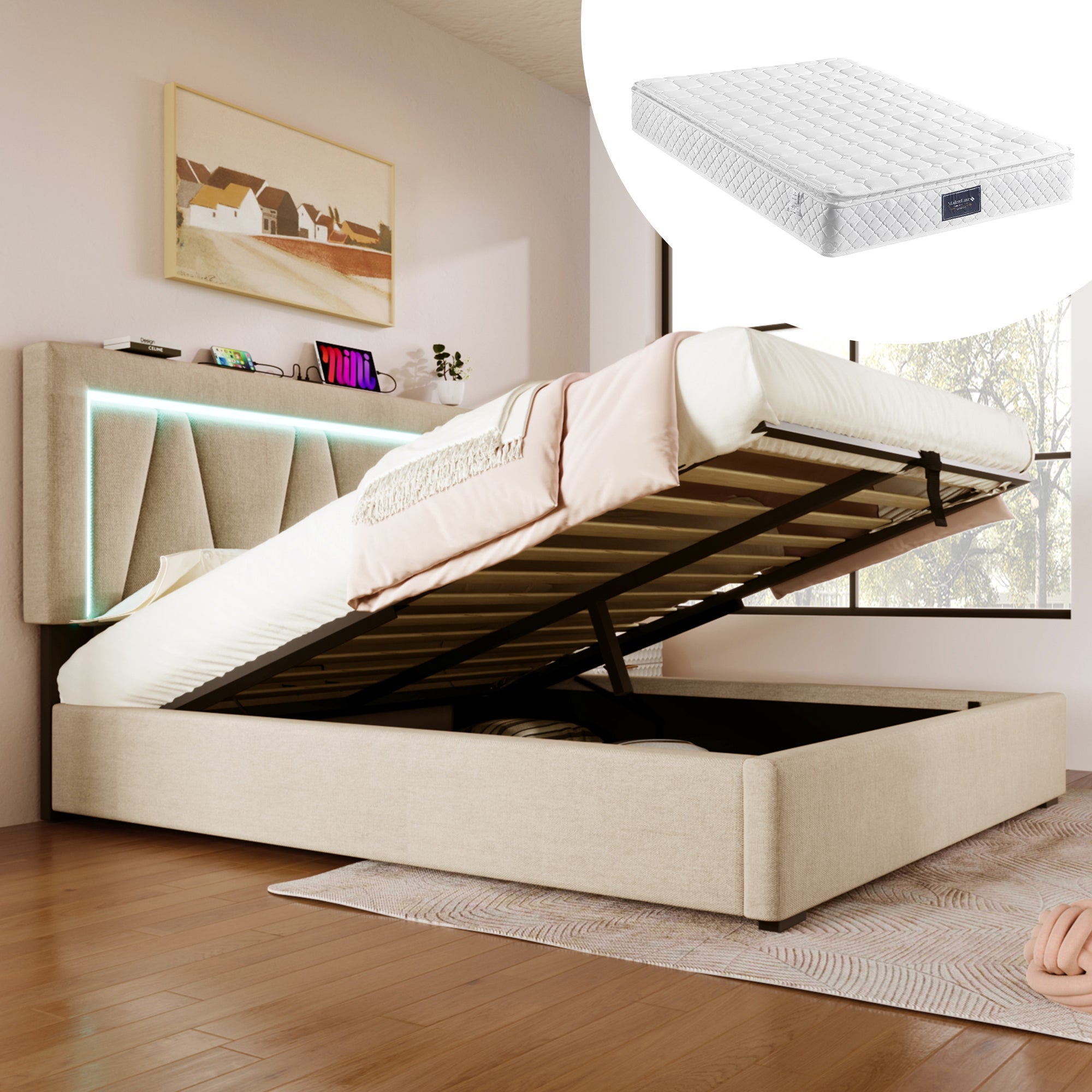 Łóżko dla dorosłych 140 x 200 cm ze schowkiem - USB + Typ C + LED - tkanina lniana - beż + Materac