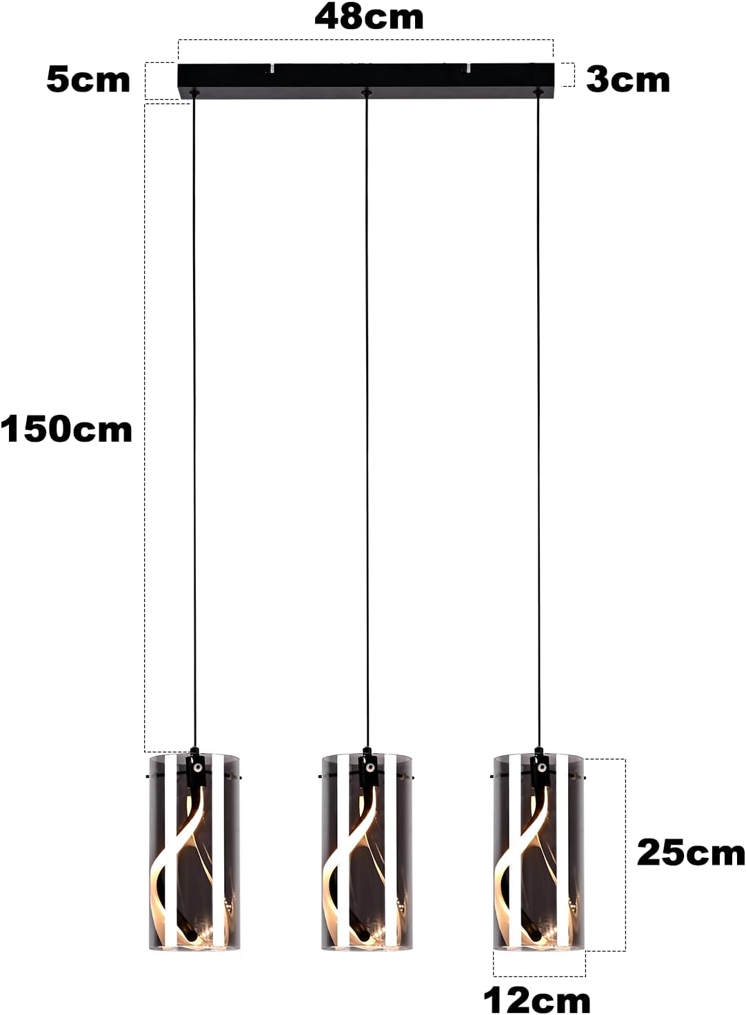 Lampa wisząca LED Nettlife Vintage z 3 źródłami światła – szkło w kolorze dymnego szarego szkła, 33 W, 3000 K, w stylu retro, regulowana - 2