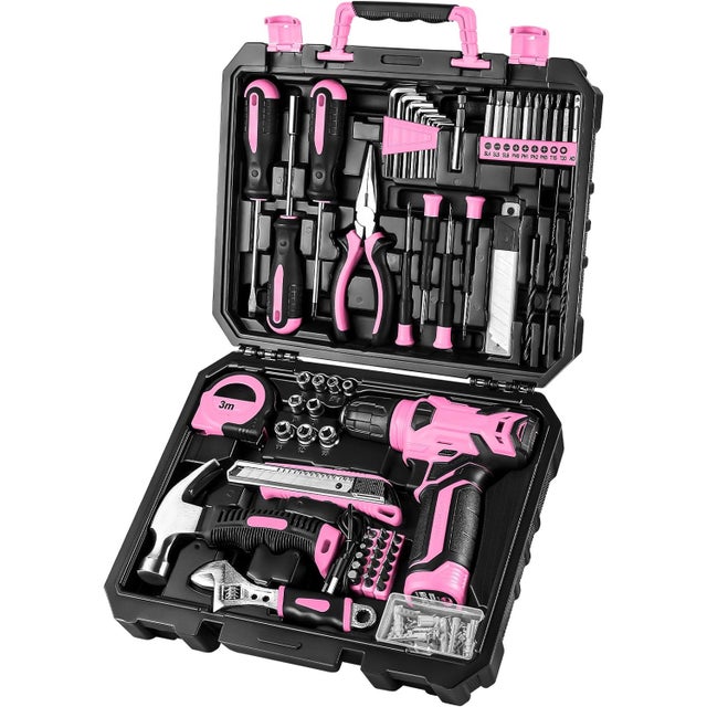 Malette d'outils complète rose 126 pièces, avec perceuse-visseuse sans fil 8V - Idéale pour la réparation et l'entretien à la maison.