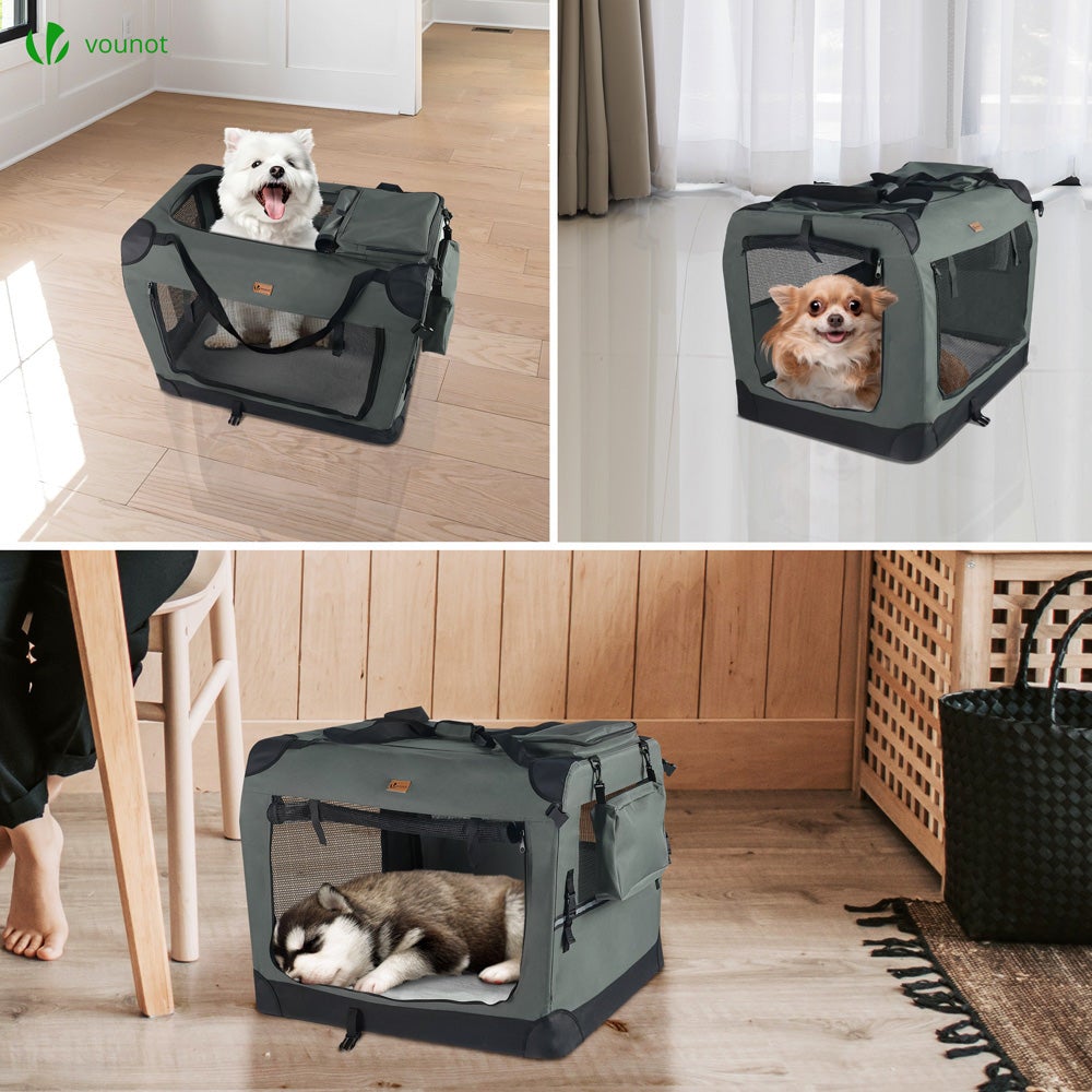 VOUNOT® Sac de transport pliable pour chien et chat - Caisse portable respirant avec matelas amovible en peluche - 50x35x36cm gris - 6