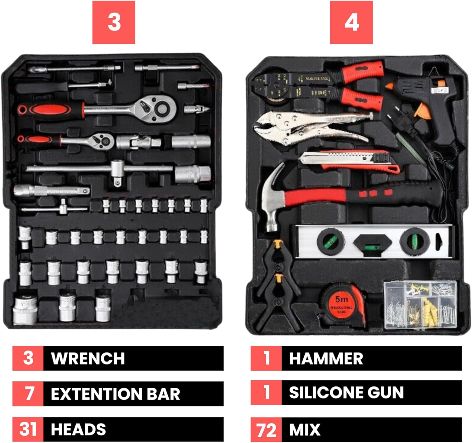 𝗠𝗮𝗹𝗹𝗲𝘁𝘁𝗲 𝗮 𝗢𝘂𝘁𝗶𝗹𝘀 𝟭𝟴𝟳 𝗣𝗖𝘀 𝗖𝗵𝗿𝗼𝗺𝗲 𝗩𝗮𝗻𝗮𝗱𝗶𝘂𝗺.Cassetta degli attrezzi completa con ruote in alluminio impermeabili. - 5